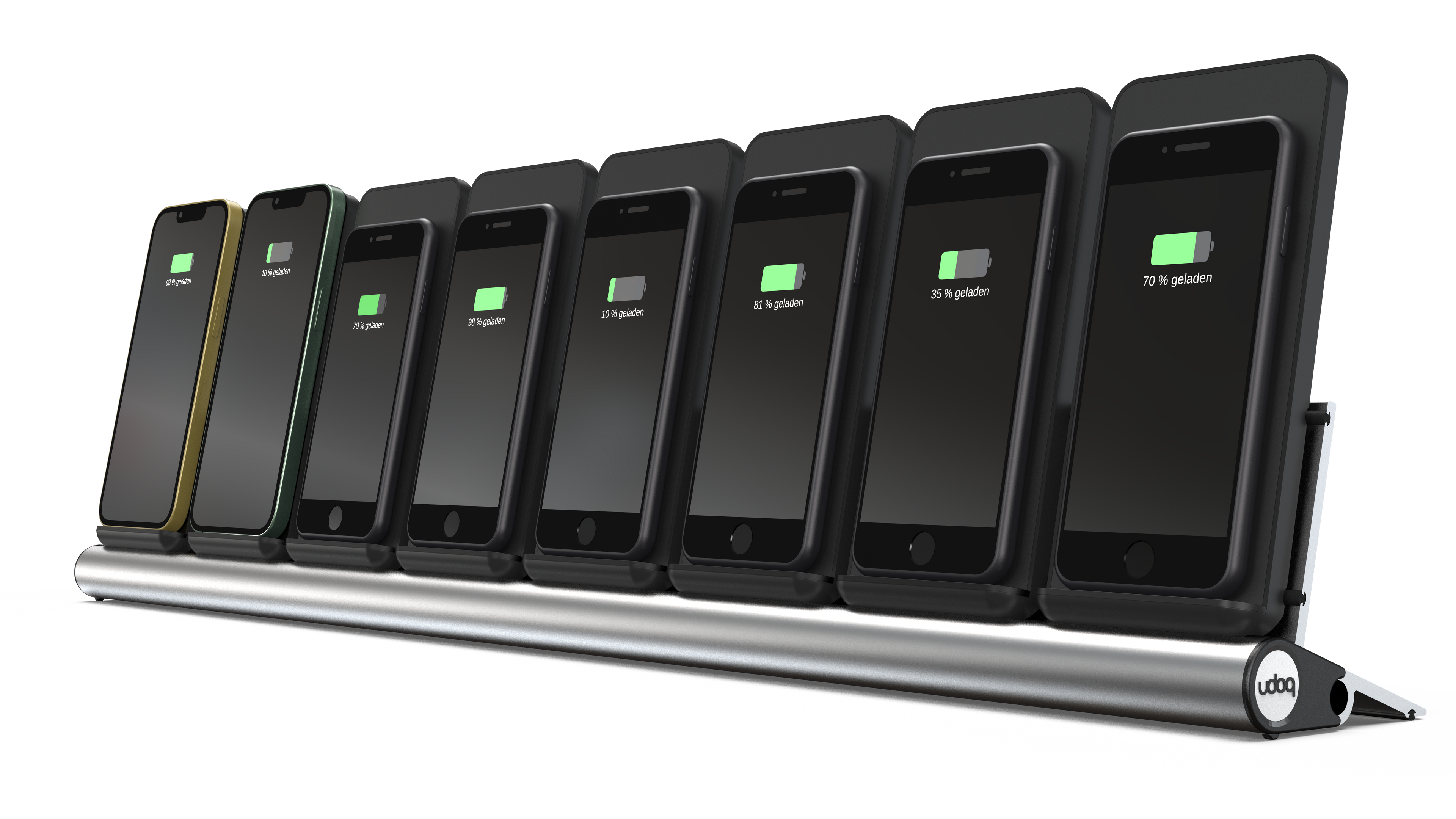 udoq 700 PRO Ladestation silber mit 8 Wireless Ladeplätzen und Aluminium Ladedock für Unternehmen und Organisationen.