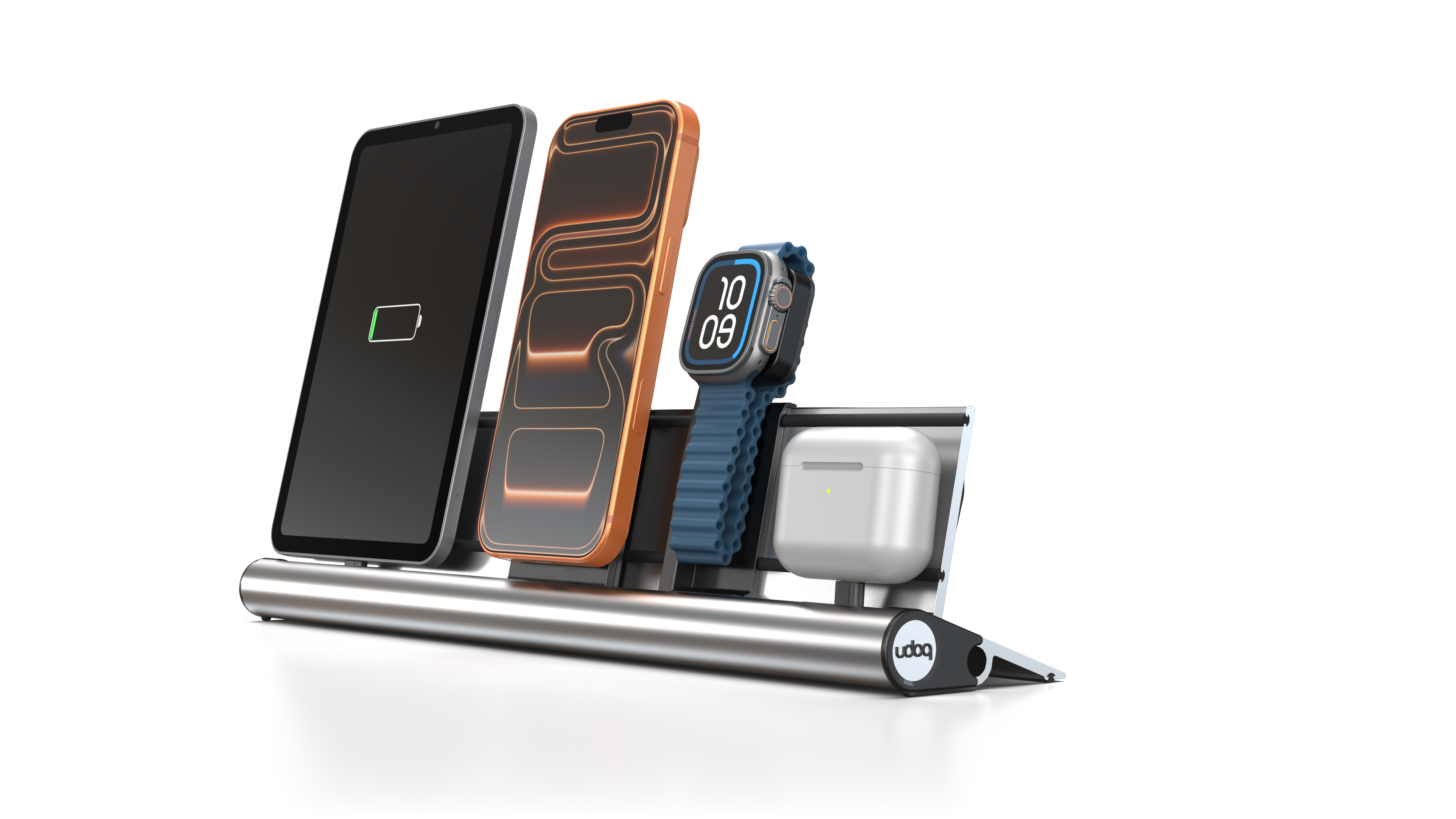 udoq 400 PREMIUM WATCH silber - 4 fach Ladestation gefräst und eloxiert aus solidem Aluminium. Exklusives Design mit patentierten verschiebbaren Anschlüssen. Lade platzsparend alle iPad, iPhone, AirPods, Apple Watch und Android Geräte mit bis zu 136W.