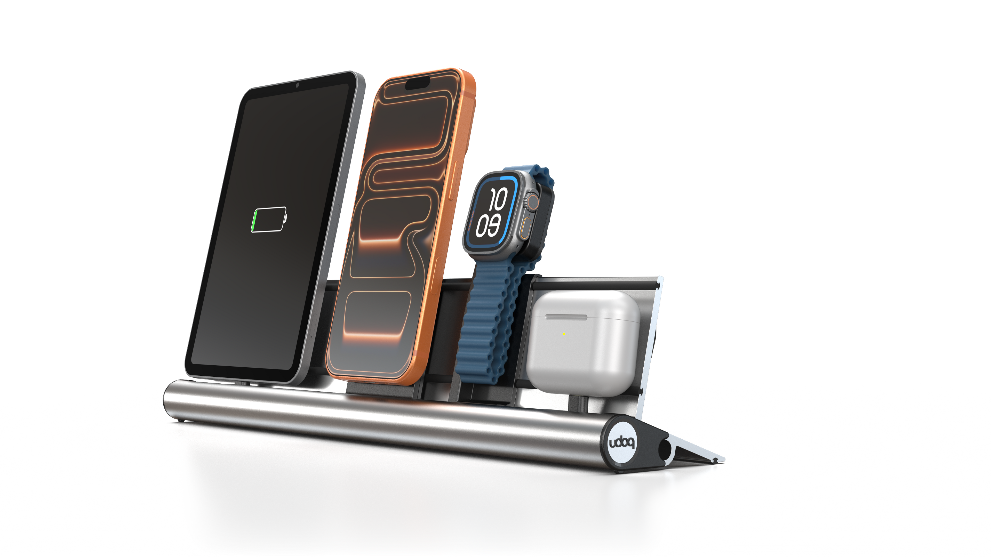 udoq 400 PREMIUM WATCH silber - 4 fach Ladestation gefräst und eloxiert aus solidem Aluminium. Exklusives Design mit patentierten verschiebbaren Anschlüssen. Lade platzsparend alle iPad, iPhone, AirPods, Apple Watch und Android Geräte mit bis zu 136W.