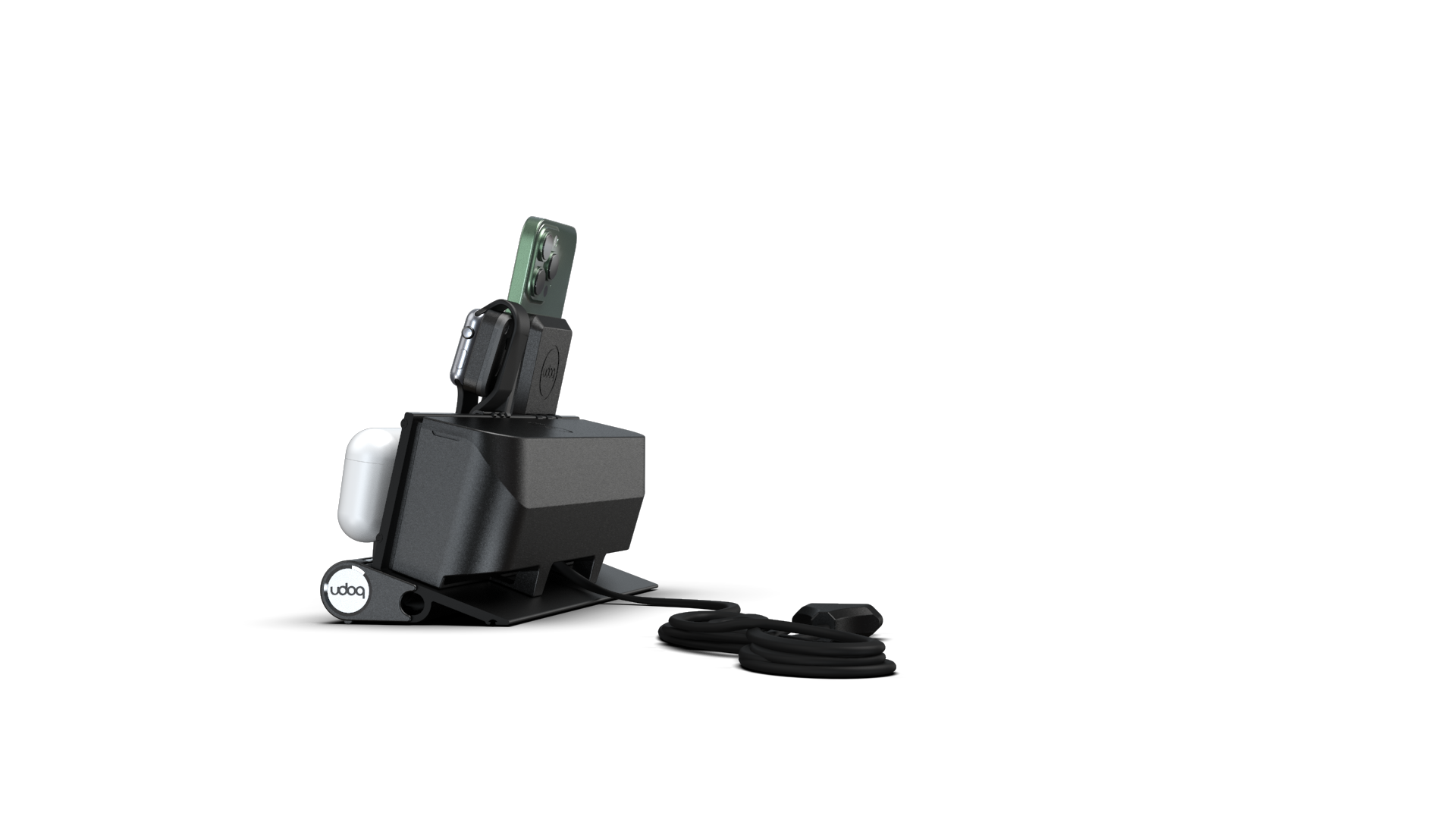 udoq 250 PREMIUM WATCH Ladestation schwarz - 3 fach Ladestation gefräst und eloxiert aus solidem Aluminium. Exklusives Design mit patentierten verschiebbaren Anschlüssen. Lade platzsparend alle iPad, iPhone, AirPods, Apple Watch und Android Geräte mit bis zu 136W.