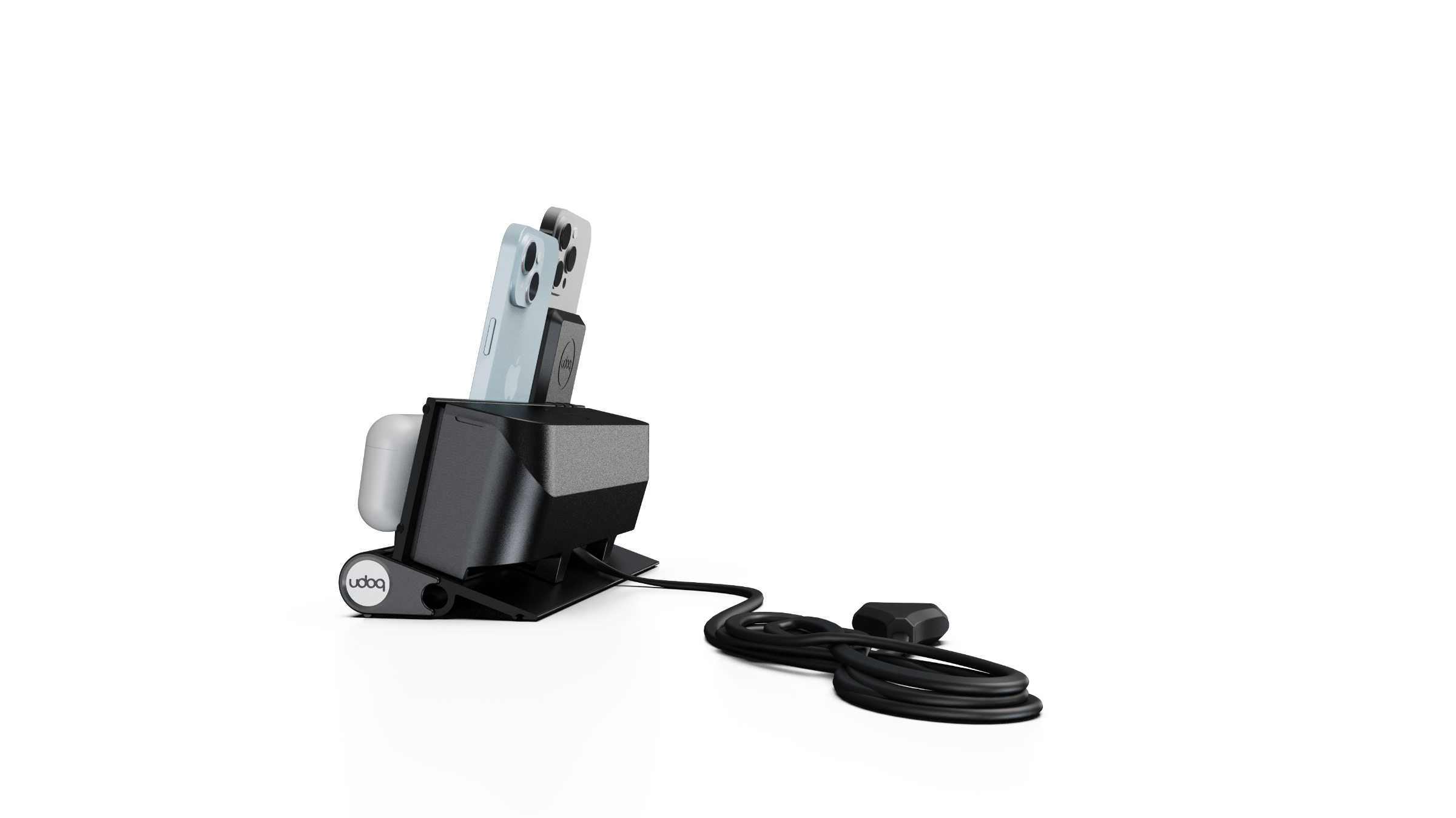 udoq 250 PREMIUM schwarz - 4 fach Ladestation gefräst und eloxiert aus solidem Aluminium. Exklusives Design mit patentierten verschiebbaren Anschlüssen. Lade platzsparend alle iPad, iPhone, AirPods, Apple Watch und Android Geräte mit bis zu 136W.