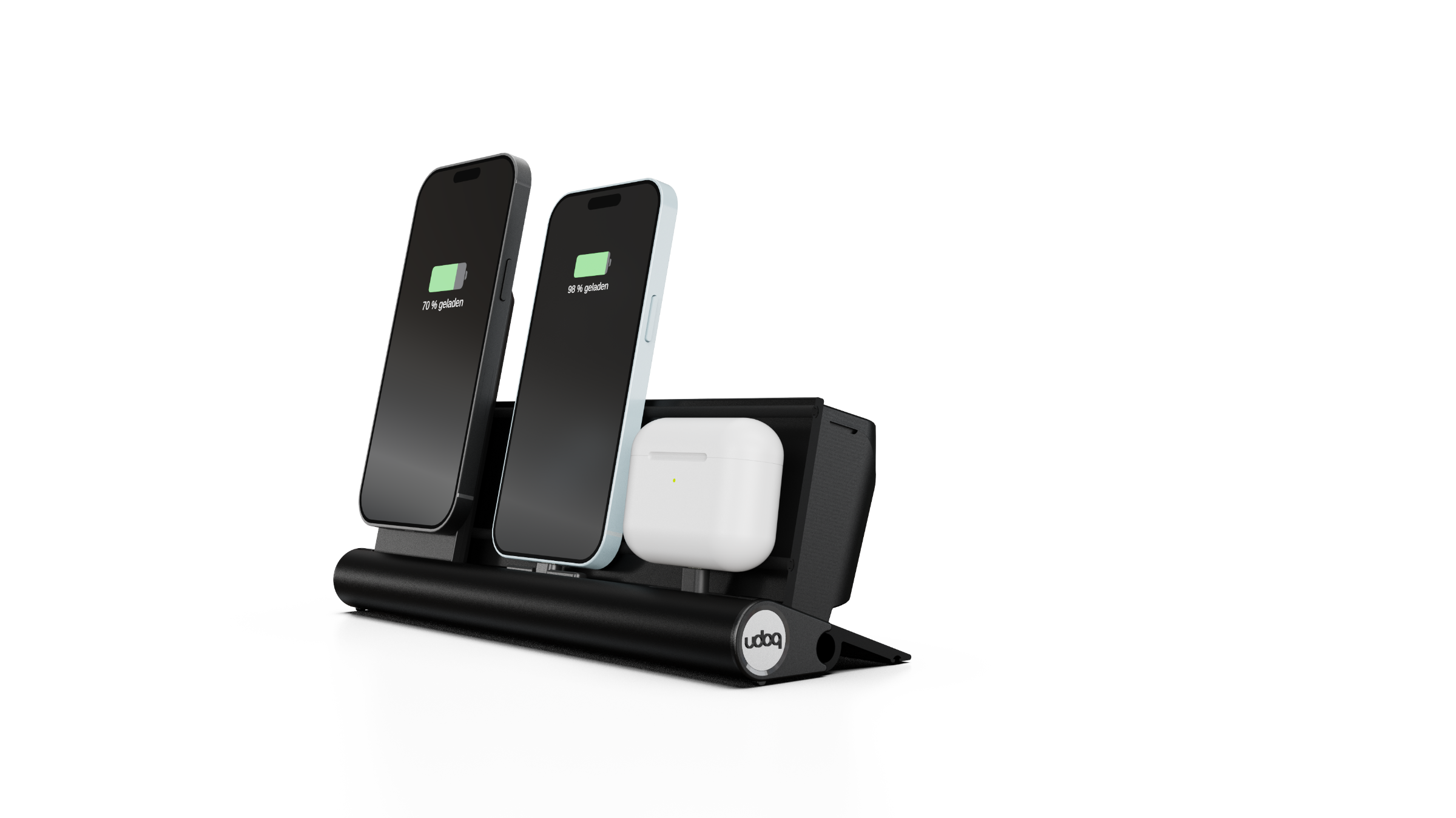 udoq 250 PREMIUM schwarz - 4 fach Ladestation gefräst und eloxiert aus solidem Aluminium. Exklusives Design mit patentierten verschiebbaren Anschlüssen. Lade platzsparend alle iPad, iPhone, AirPods, Apple Watch und Android Geräte mit bis zu 136W.