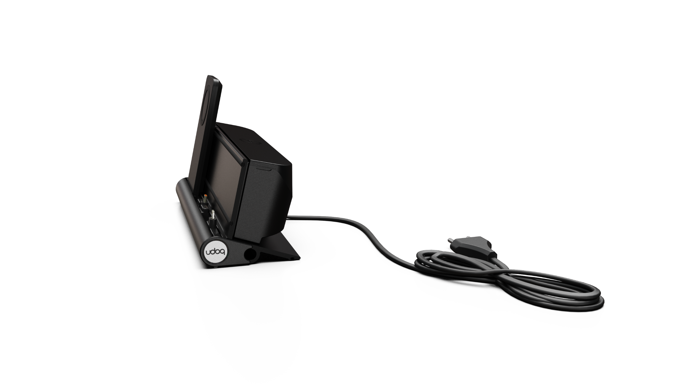 udoq 250 PREMIUM schwarz - 4 fach Ladestation gefräst und eloxiert aus solidem Aluminium. Exklusives Design mit patentierten verschiebbaren Anschlüssen. Lade platzsparend alle iPad, iPhone, AirPods, Apple Watch und Android Geräte mit bis zu 136W.
