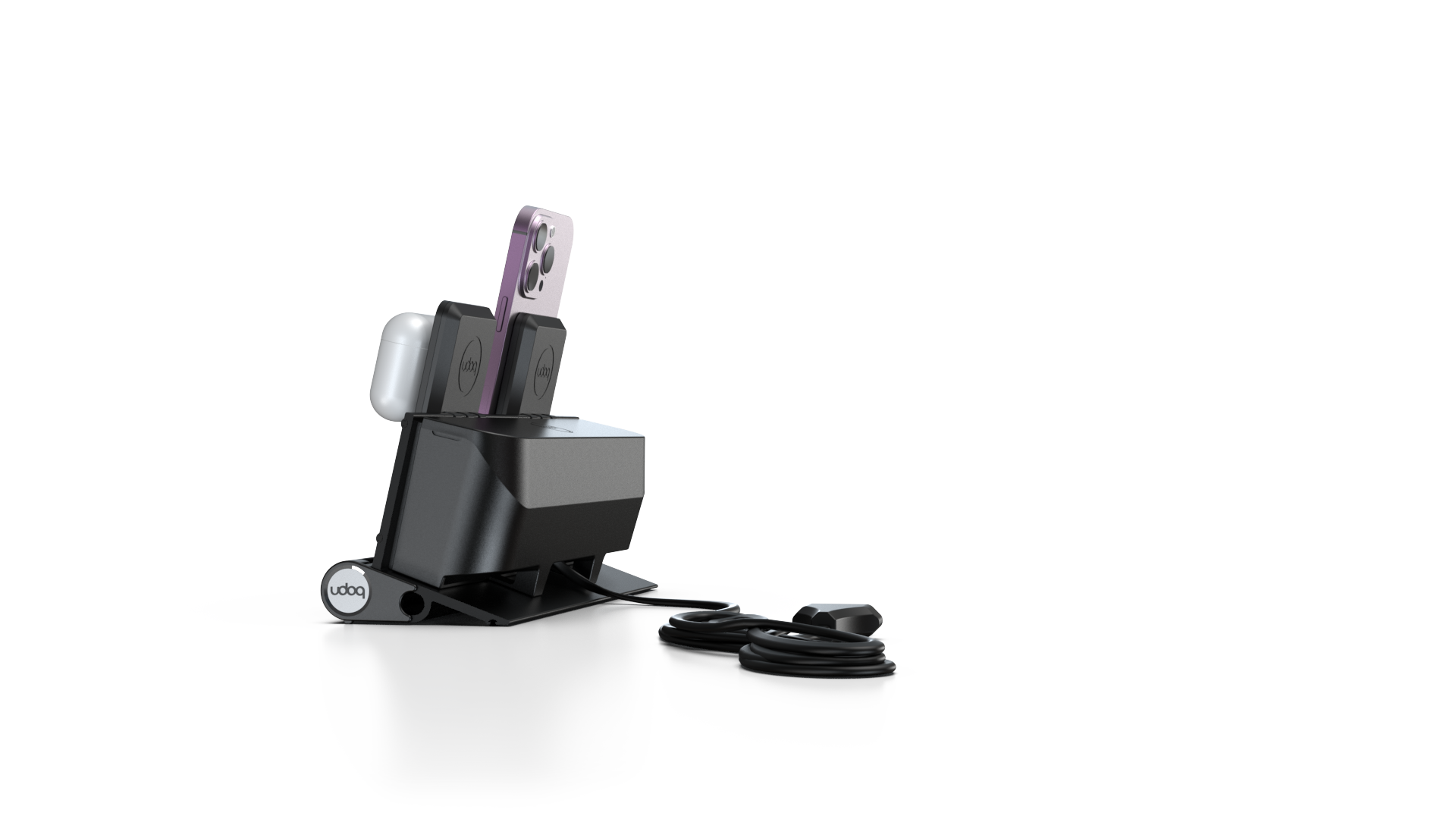 udoq 250 MAGNETIC schwarz - 4 fach Ladestation gefräst und eloxiert aus solidem Aluminium. Exklusives Design mit patentierten verschiebbaren Anschlüssen. Lade platzsparend alle iPad, iPhone, AirPods, Apple Watch und Android Geräte mit bis zu 136W.