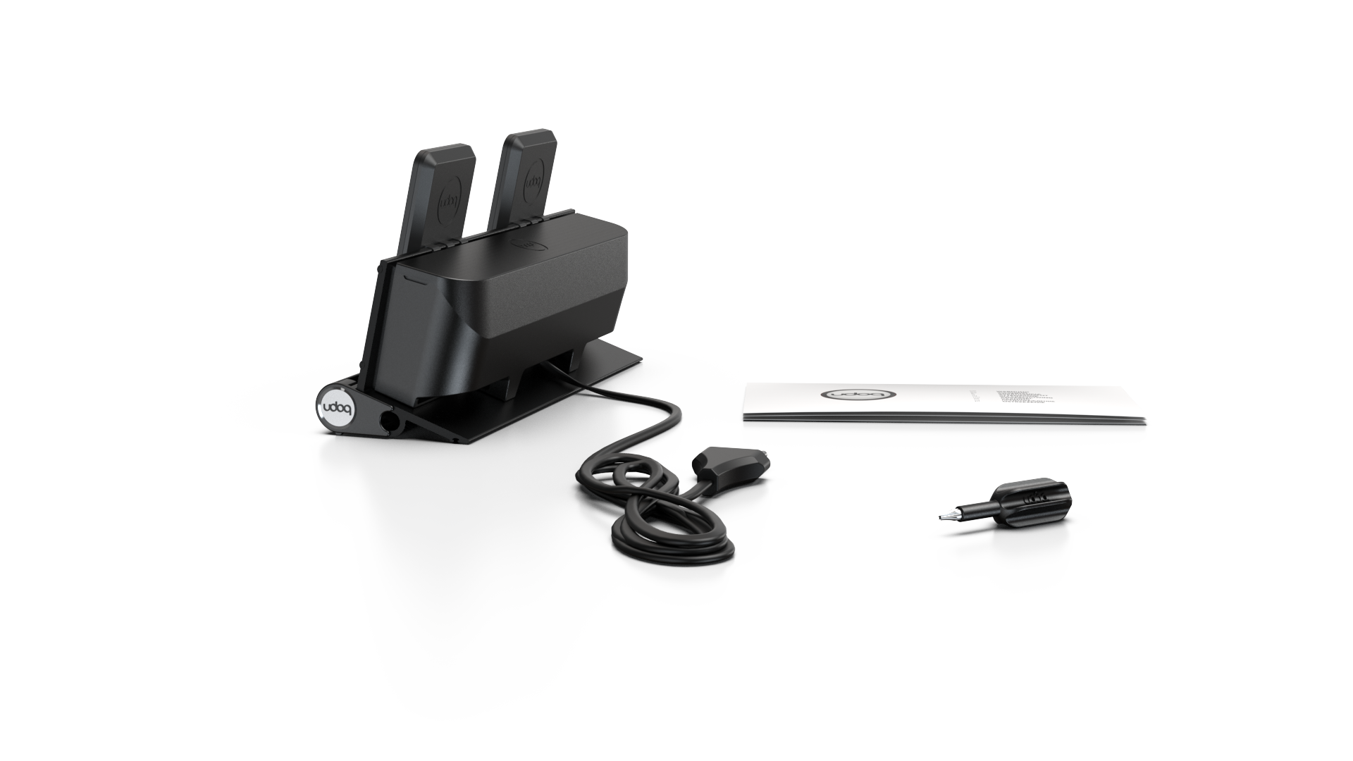 udoq 250 MAGNETIC schwarz - 4 fach Ladestation gefräst und eloxiert aus solidem Aluminium. Exklusives Design mit patentierten verschiebbaren Anschlüssen. Lade platzsparend alle iPad, iPhone, AirPods, Apple Watch und Android Geräte mit bis zu 136W.