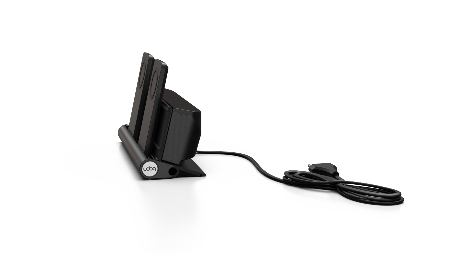 udoq 250 MAGNETIC schwarz - 4 fach Ladestation gefräst und eloxiert aus solidem Aluminium. Exklusives Design mit patentierten verschiebbaren Anschlüssen. Lade platzsparend alle iPad, iPhone, AirPods, Apple Watch und Android Geräte mit bis zu 136W.