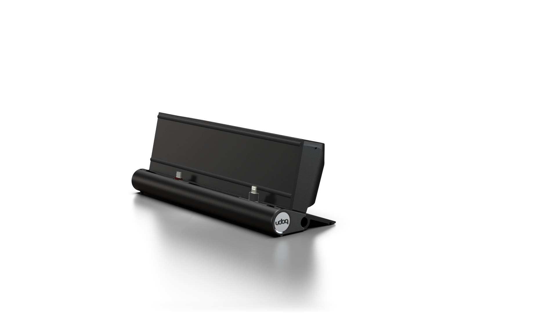 udoq 250 STARTER schwarz - 5 fach Ladestation gefräst und eloxiert aus solidem Aluminium. Exklusives Design mit patentierten verschiebbaren Anschlüssen. Lade platzsparend alle iPad, iPhone, AirPods, Apple Watch und Android Geräte mit bis zu 136W.