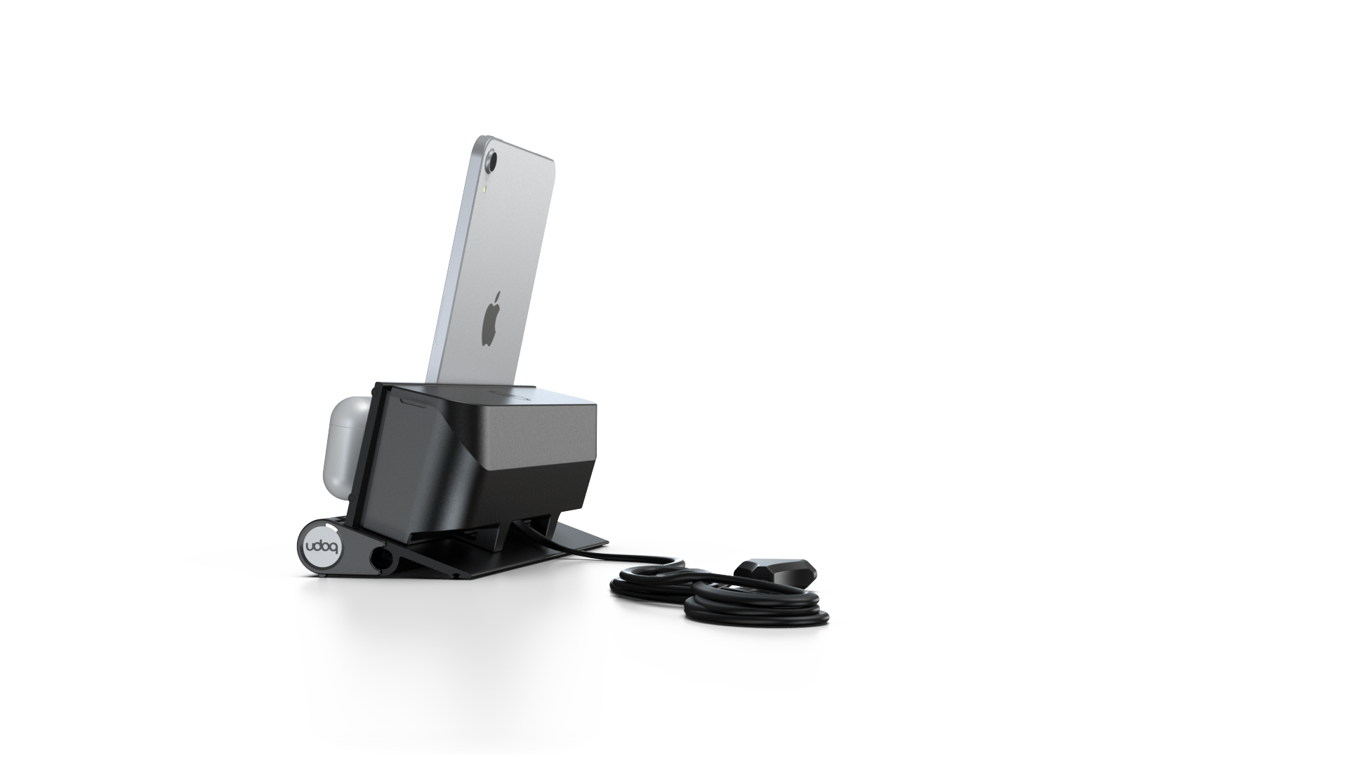 udoq 250 STARTER schwarz - 5 fach Ladestation gefräst und eloxiert aus solidem Aluminium. Exklusives Design mit patentierten verschiebbaren Anschlüssen. Lade platzsparend alle iPad, iPhone, AirPods, Apple Watch und Android Geräte mit bis zu 136W.