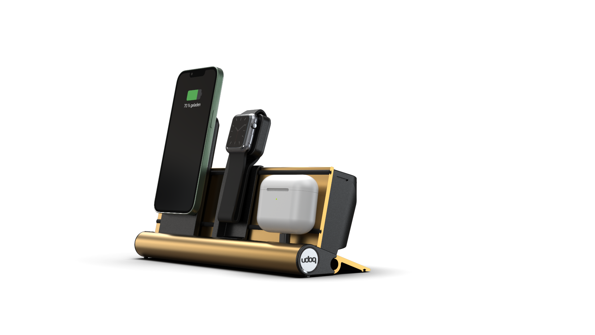 udoq 250 PREMIUM WATCH Ladestation gold - 3 fach Ladestation gefräst und eloxiert aus solidem Aluminium. Exklusives Design mit patentierten verschiebbaren Anschlüssen. Lade platzsparend alle iPad, iPhone, AirPods, Apple Watch und Android Geräte mit bis zu 136W.