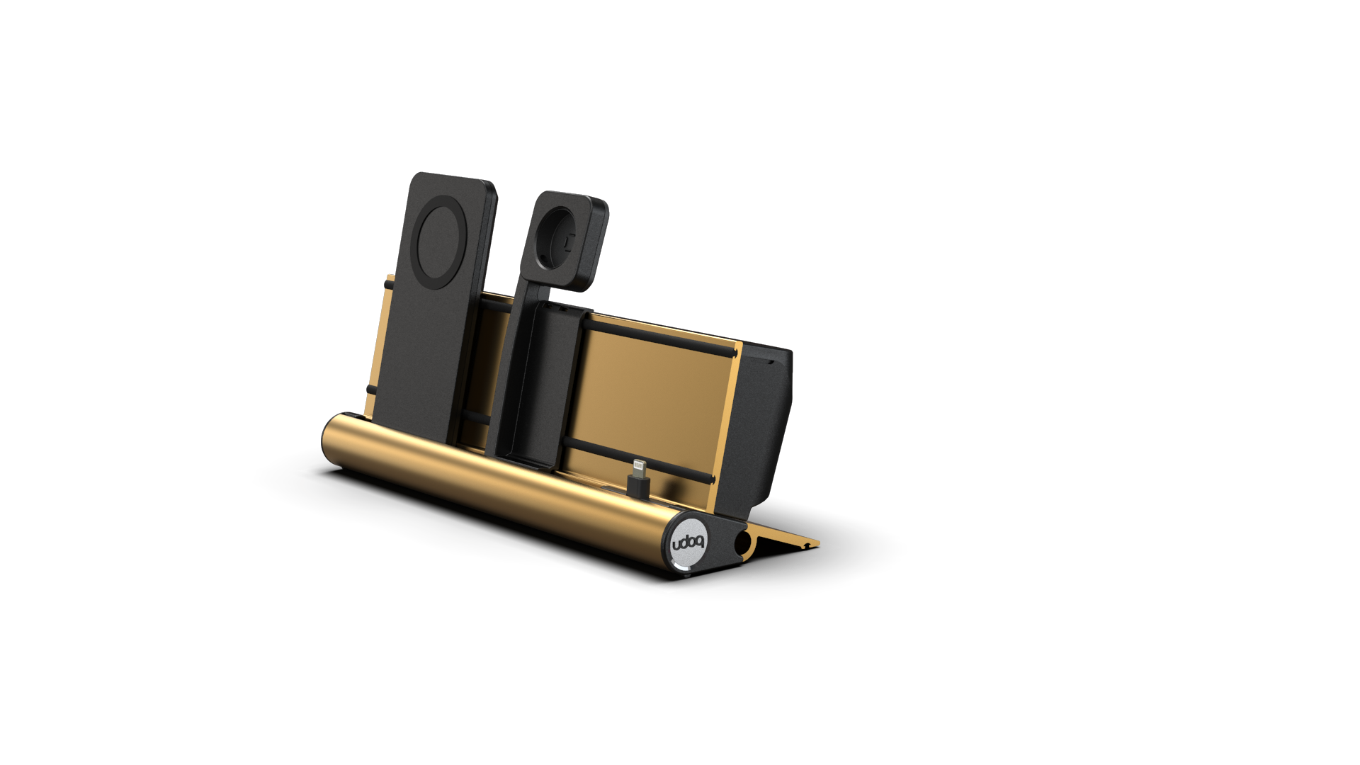 udoq 250 PREMIUM WATCH Ladestation gold - 3 fach Ladestation gefräst und eloxiert aus solidem Aluminium. Exklusives Design mit patentierten verschiebbaren Anschlüssen. Lade platzsparend alle iPad, iPhone, AirPods, Apple Watch und Android Geräte mit bis zu 136W.