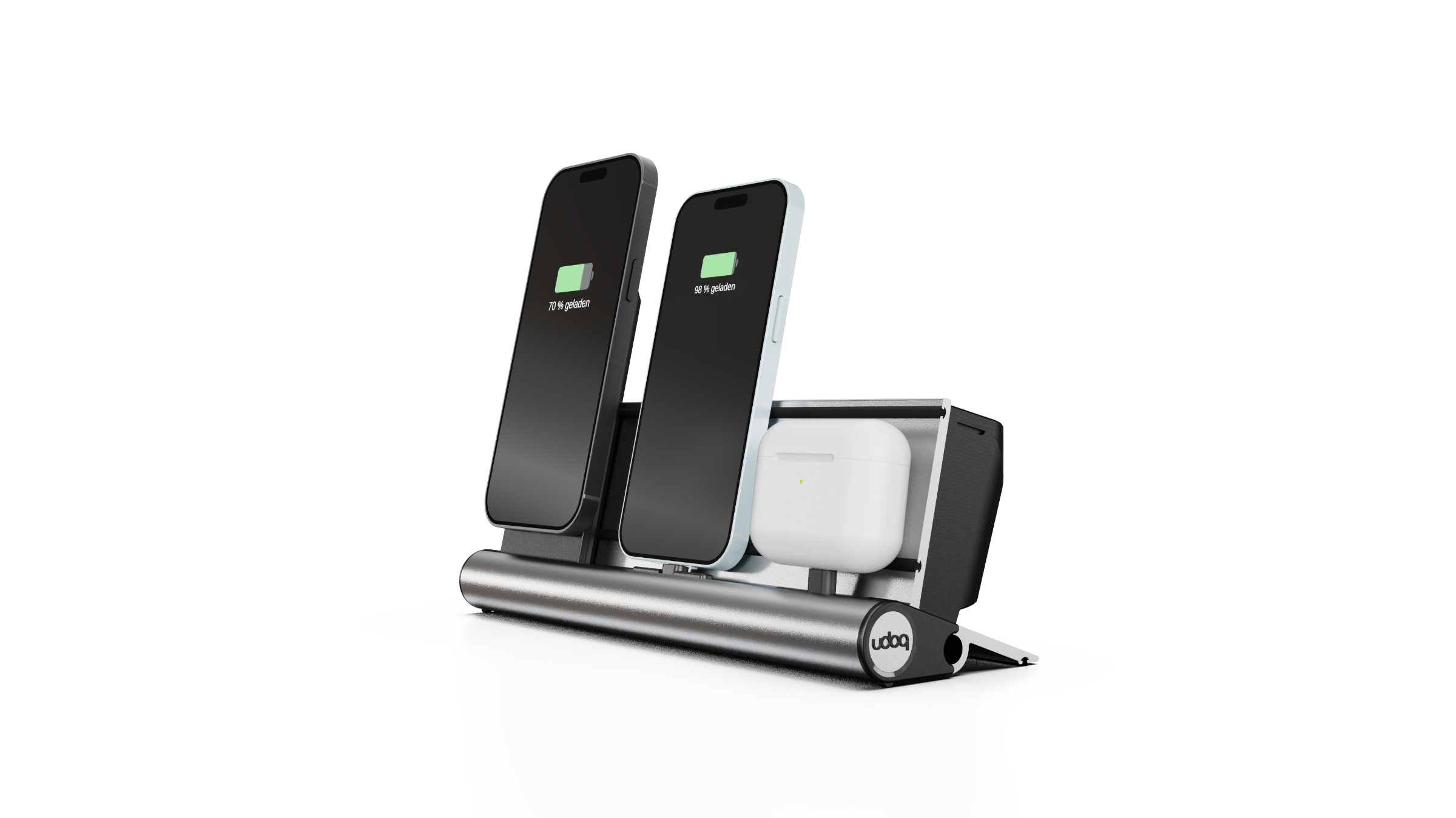 udoq 250 PREMIUM silber - 4 fach Ladestation gefräst und eloxiert aus solidem Aluminium. Exklusives Design mit patentierten verschiebbaren Anschlüssen. Lade platzsparend alle iPad, iPhone, AirPods, Apple Watch und Android Geräte mit bis zu 136W.