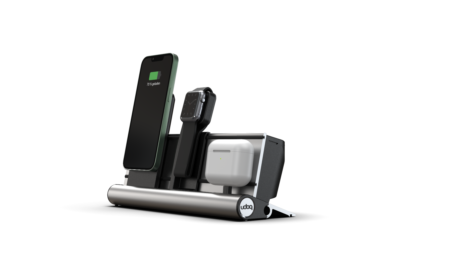 udoq 250 PREMIUM WATCH Ladestation silber - 3 fach Ladestation gefräst und eloxiert aus solidem Aluminium. Exklusives Design mit patentierten verschiebbaren Anschlüssen. Lade platzsparend alle iPad, iPhone, AirPods, Apple Watch und Android Geräte mit bis zu 136W.