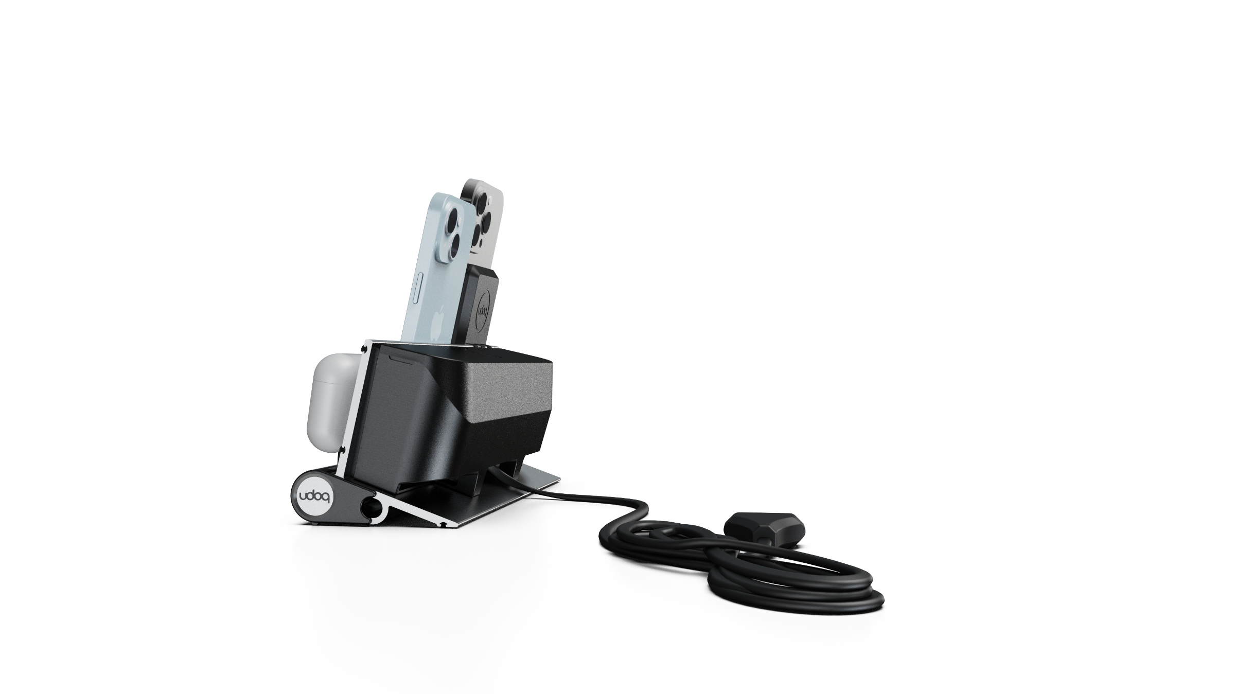 udoq 250 PREMIUM silber - 4 fach Ladestation gefräst und eloxiert aus solidem Aluminium. Exklusives Design mit patentierten verschiebbaren Anschlüssen. Lade platzsparend alle iPad, iPhone, AirPods, Apple Watch und Android Geräte mit bis zu 136W.