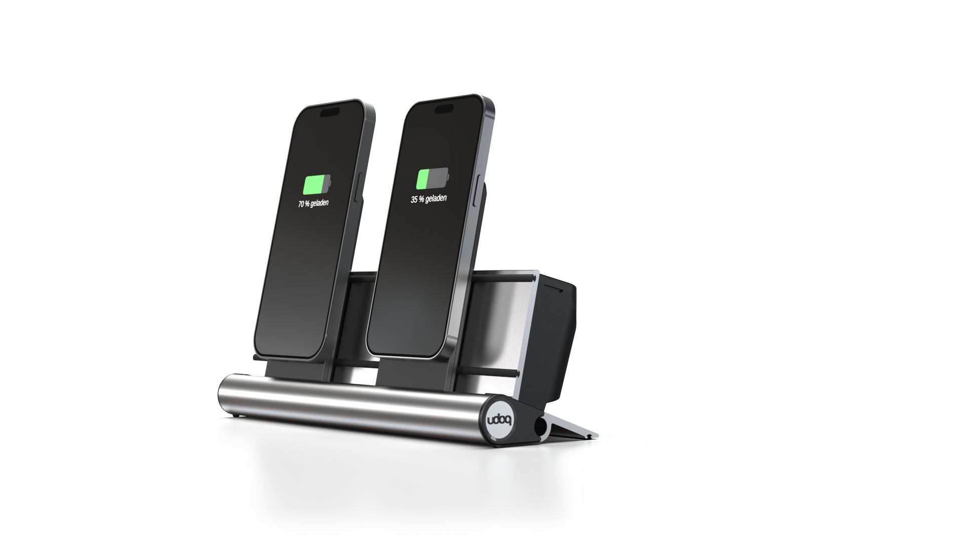 udoq 400 MAGNETIC silber - 4 fach Ladestation gefräst und eloxiert aus solidem Aluminium. Exklusives Design mit patentierten verschiebbaren Anschlüssen. Lade platzsparend alle iPad, iPhone, AirPods, Apple Watch und Android Geräte mit bis zu 136W.