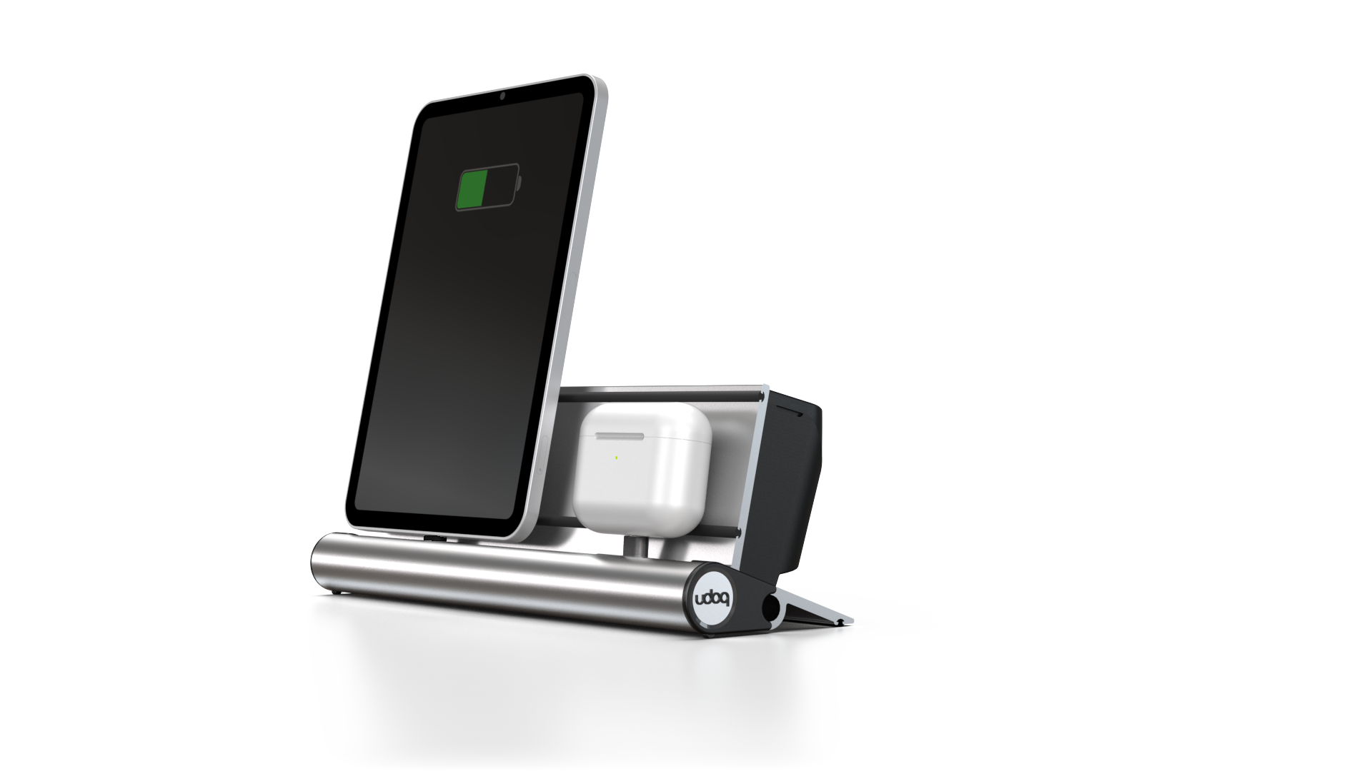 udoq 250 STARTER silber - 5 fach Ladestation gefräst und eloxiert aus solidem Aluminium. Exklusives Design mit patentierten verschiebbaren Anschlüssen. Lade platzsparend alle iPad, iPhone, AirPods, Apple Watch und Android Geräte mit bis zu 136W.