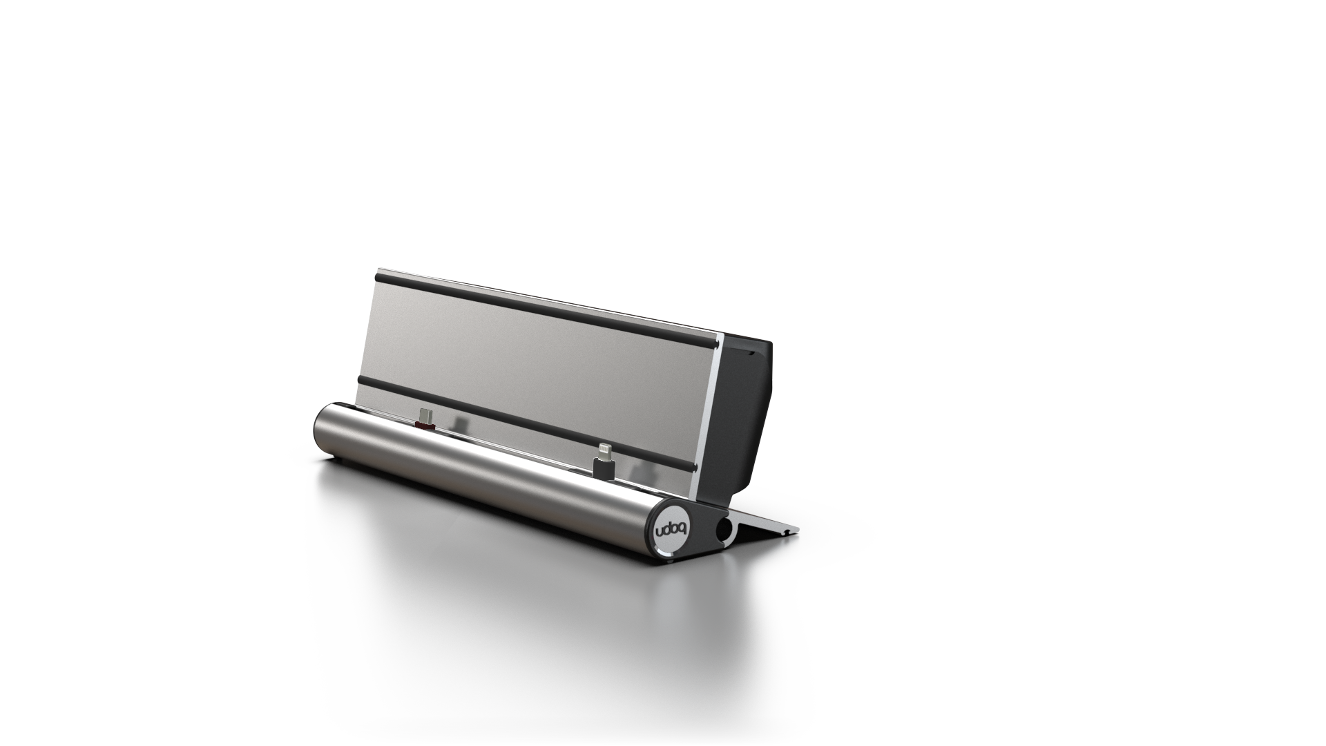 udoq 250 STARTER silber - 5 fach Ladestation gefräst und eloxiert aus solidem Aluminium. Exklusives Design mit patentierten verschiebbaren Anschlüssen. Lade platzsparend alle iPad, iPhone, AirPods, Apple Watch und Android Geräte mit bis zu 136W.
