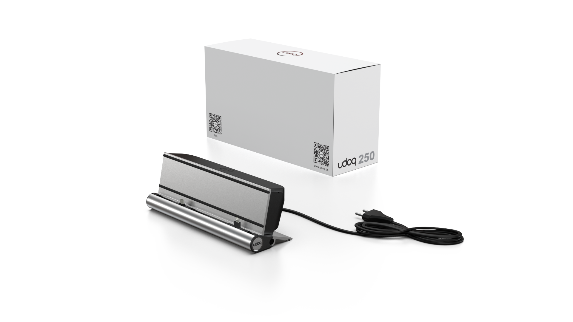 udoq 250 STARTER silber - 5 fach Ladestation gefräst und eloxiert aus solidem Aluminium. Exklusives Design mit patentierten verschiebbaren Anschlüssen. Lade platzsparend alle iPad, iPhone, AirPods, Apple Watch und Android Geräte mit bis zu 136W.