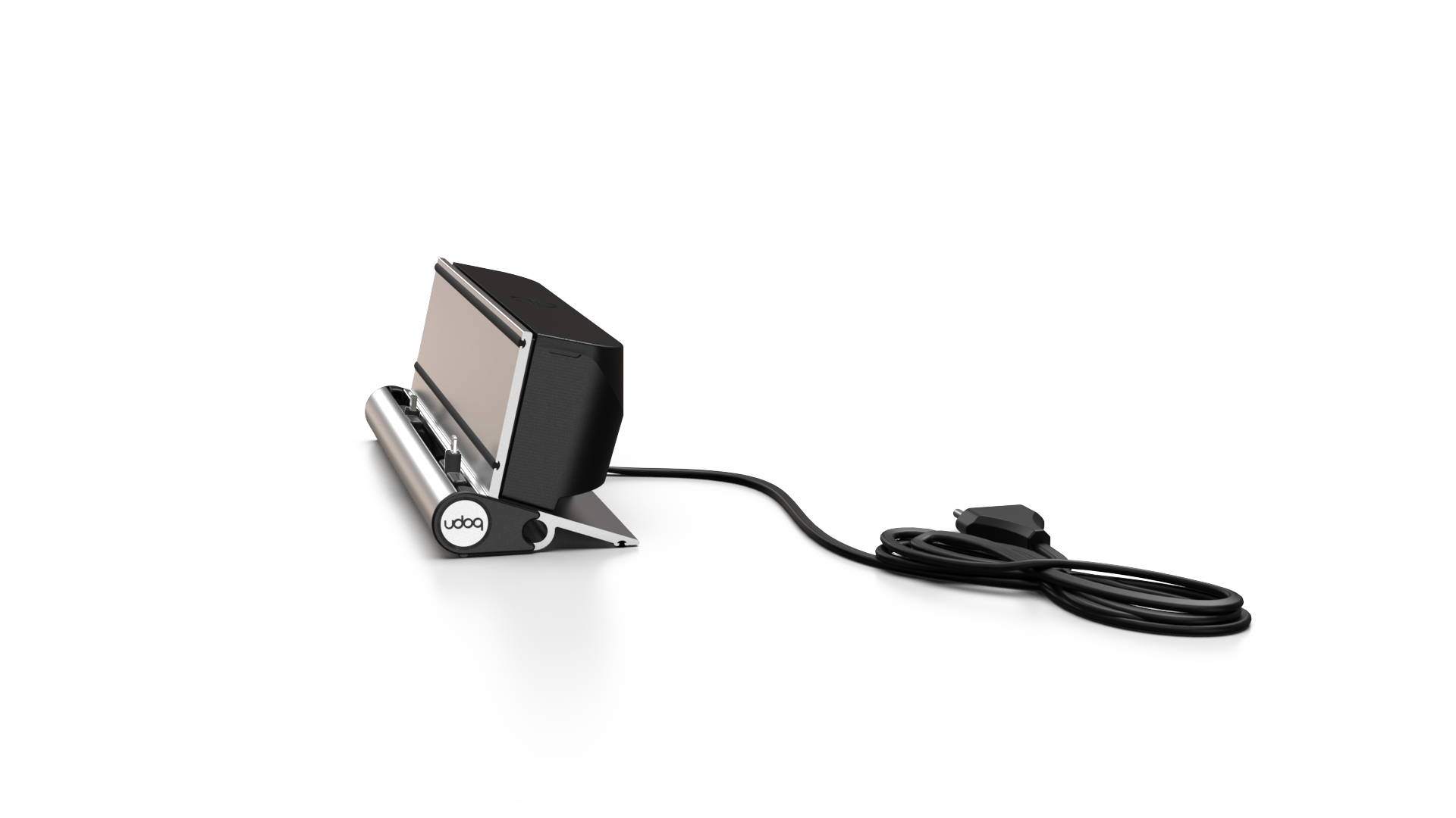 udoq 250 STARTER silber - 5 fach Ladestation gefräst und eloxiert aus solidem Aluminium. Exklusives Design mit patentierten verschiebbaren Anschlüssen. Lade platzsparend alle iPad, iPhone, AirPods, Apple Watch und Android Geräte mit bis zu 136W.