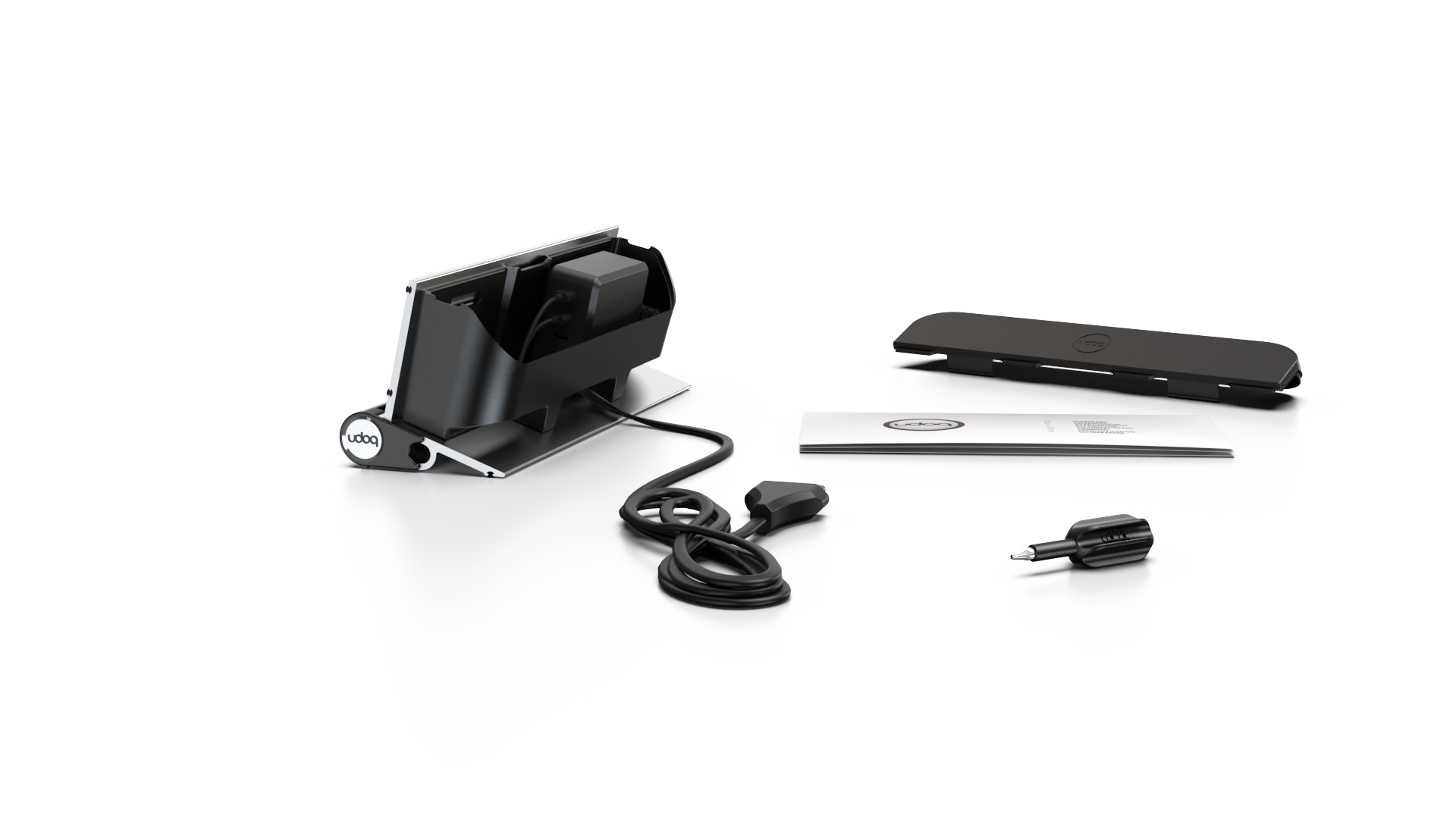 udoq 250 STARTER silber - 5 fach Ladestation gefräst und eloxiert aus solidem Aluminium. Exklusives Design mit patentierten verschiebbaren Anschlüssen. Lade platzsparend alle iPad, iPhone, AirPods, Apple Watch und Android Geräte mit bis zu 136W.