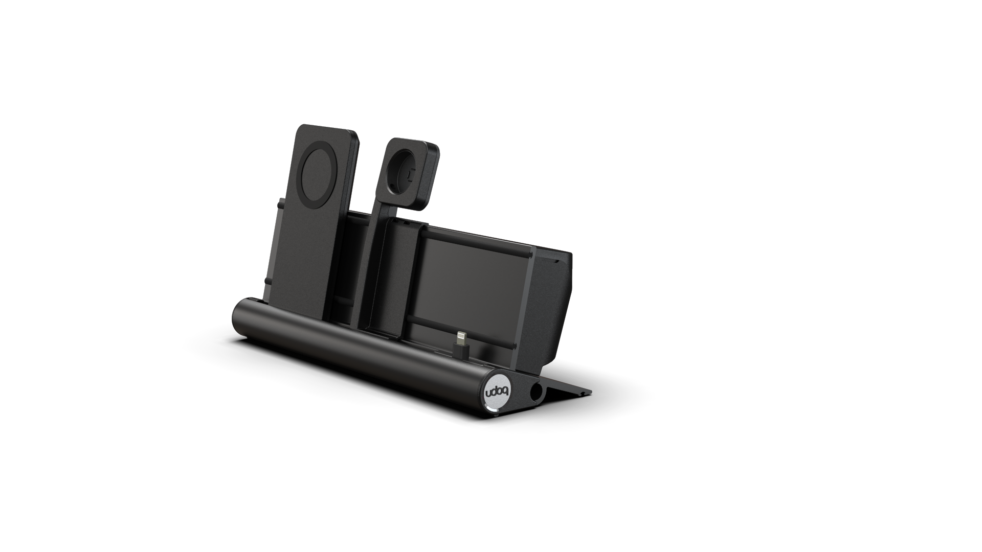 udoq 250 PREMIUM WATCH Ladestation dunkelgrau - 3 fach Ladestation gefräst und eloxiert aus solidem Aluminium. Exklusives Design mit patentierten verschiebbaren Anschlüssen. Lade platzsparend alle iPad, iPhone, AirPods, Apple Watch und Android Geräte mit bis zu 136W.