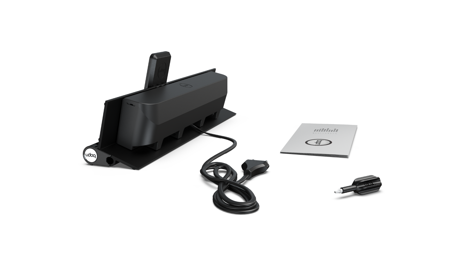 udoq 400 PREMIUM schwarz - 4 fach Ladestation gefräst und eloxiert aus  solidem Aluminium. Exklusives Design mit patentierten verschiebbaren Anschlüssen. Lade platzsparend alle iPad, iPhone, AirPods, Apple Watch und Android Geräte mit bis zu 136W.