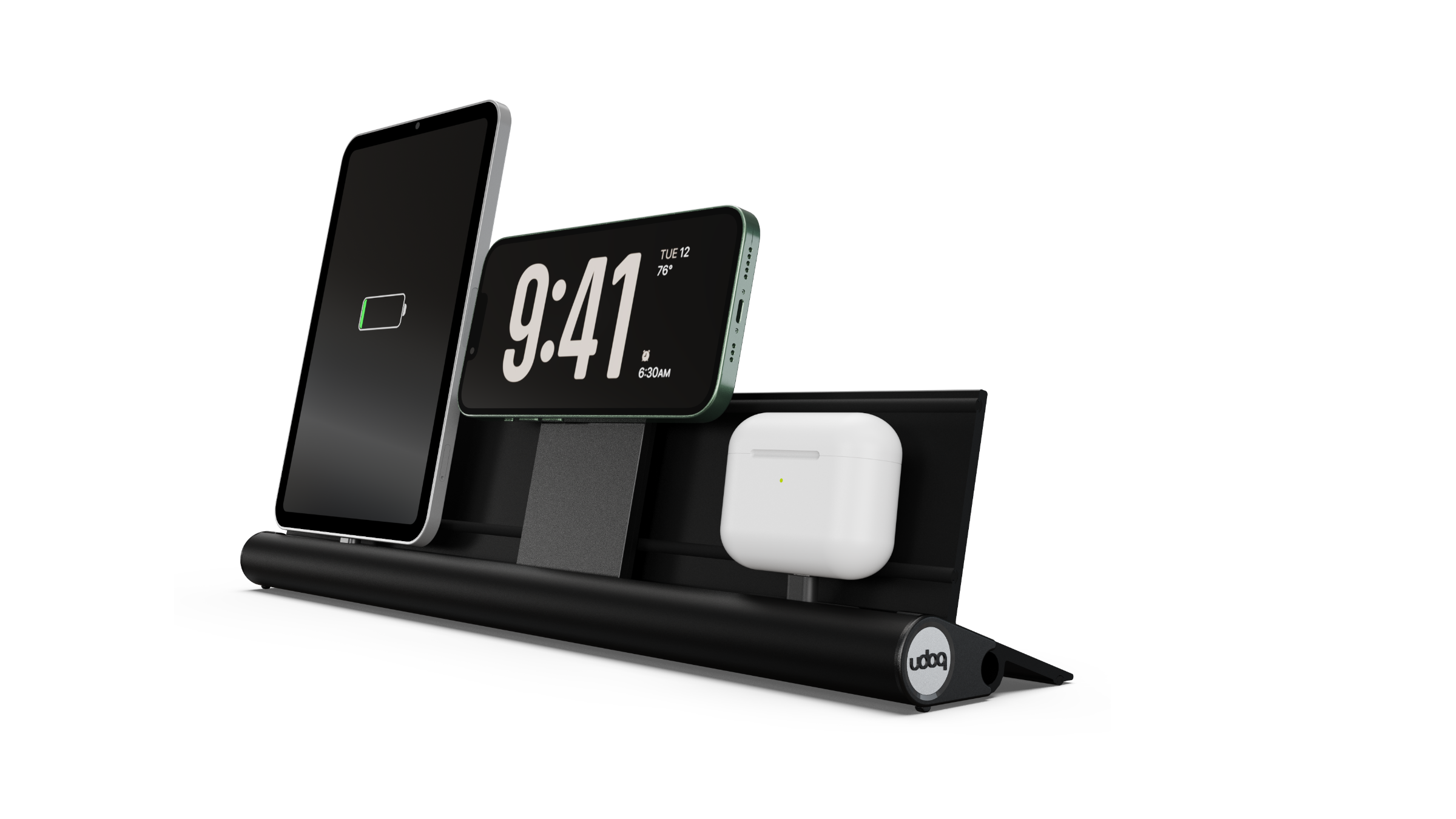 udoq 400 PREMIUM schwarz - 4 fach Ladestation gefräst und eloxiert aus  solidem Aluminium. Exklusives Design mit patentierten verschiebbaren Anschlüssen. Lade platzsparend alle iPad, iPhone, AirPods, Apple Watch und Android Geräte mit bis zu 136W.