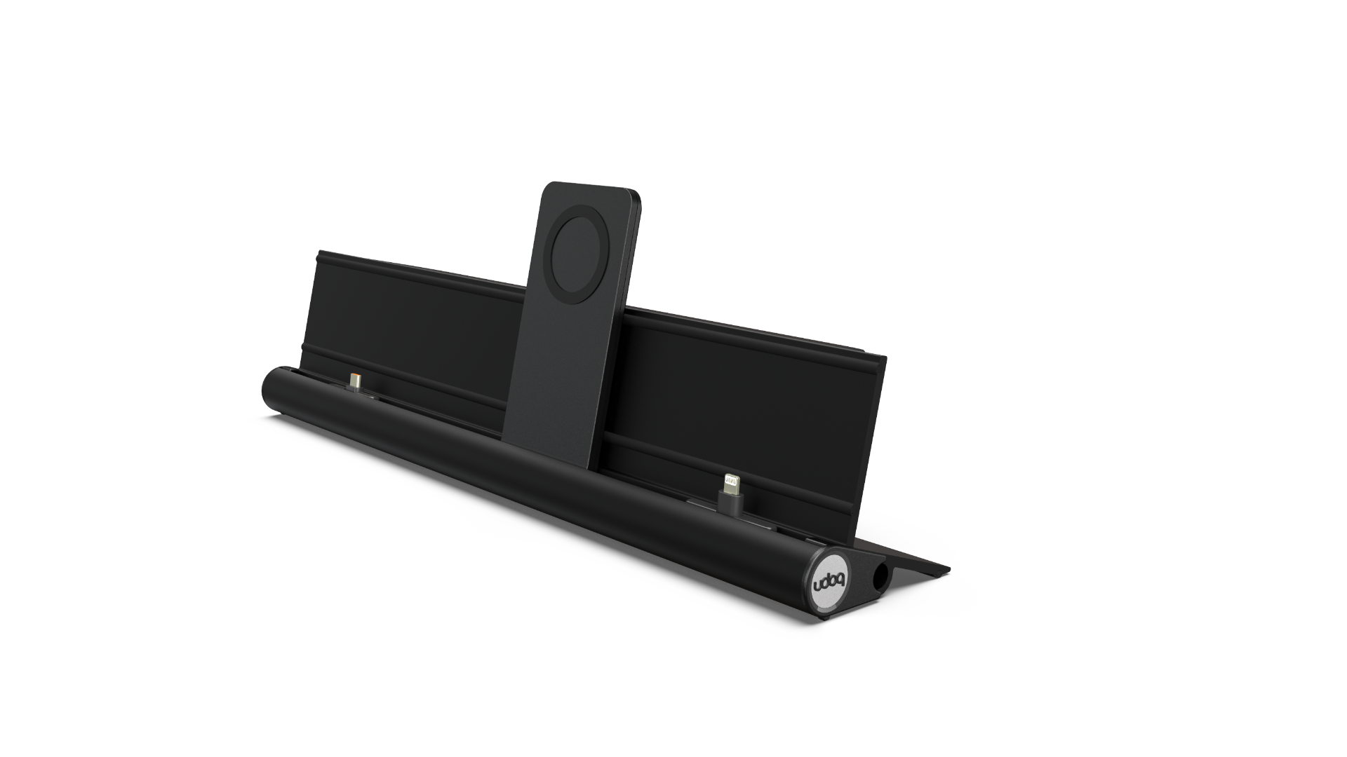 udoq 400 PREMIUM schwarz - 4 fach Ladestation gefräst und eloxiert aus  solidem Aluminium. Exklusives Design mit patentierten verschiebbaren Anschlüssen. Lade platzsparend alle iPad, iPhone, AirPods, Apple Watch und Android Geräte mit bis zu 136W.