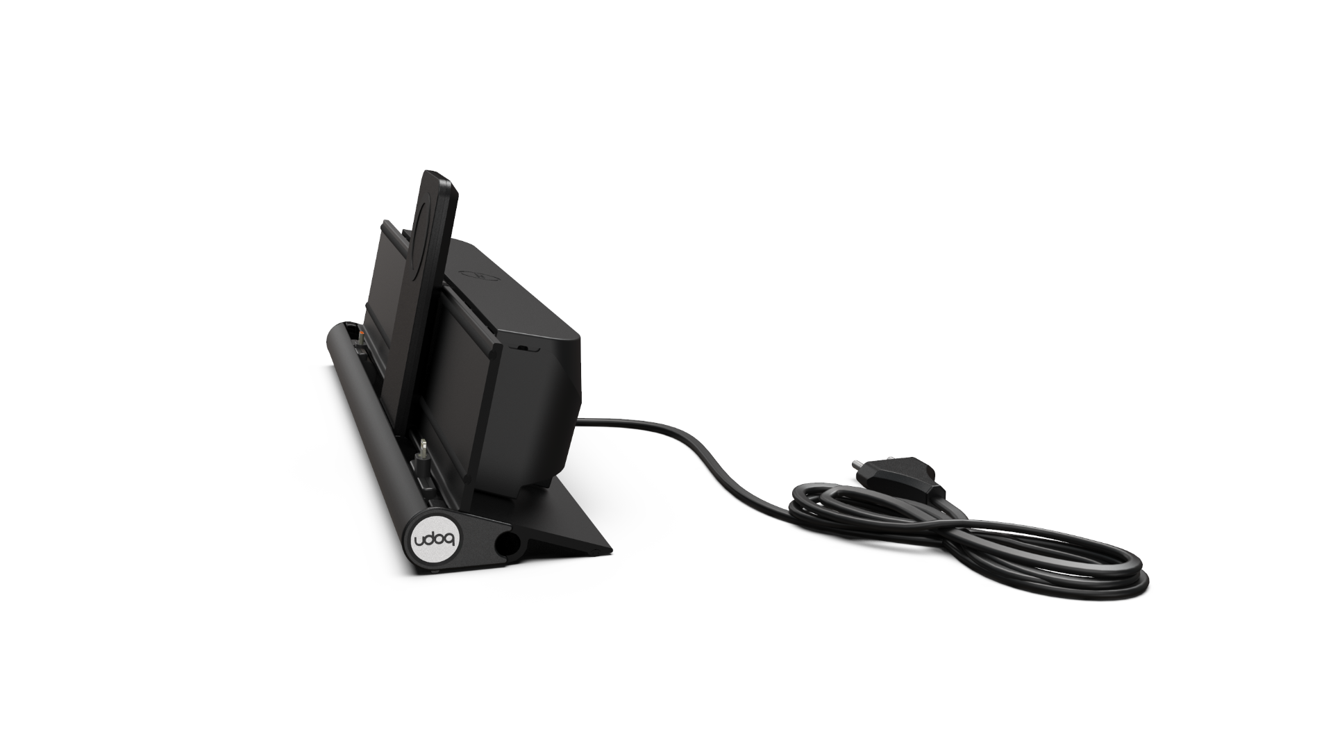 udoq 400 PREMIUM schwarz - 4 fach Ladestation gefräst und eloxiert aus  solidem Aluminium. Exklusives Design mit patentierten verschiebbaren Anschlüssen. Lade platzsparend alle iPad, iPhone, AirPods, Apple Watch und Android Geräte mit bis zu 136W.