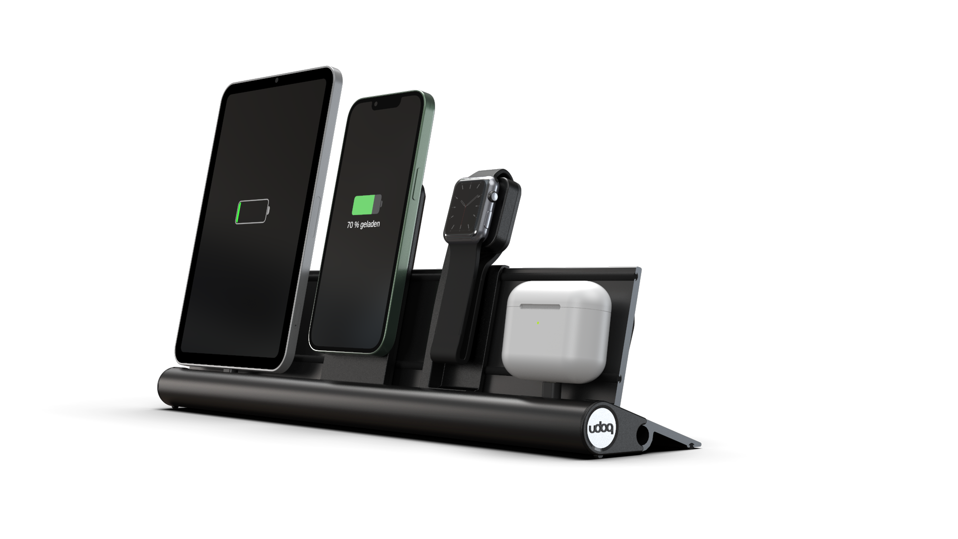 udoq 400 PREMIUM WATCH schwarz - 4 fach Ladestation gefräst und eloxiert aus solidem Aluminium. Exklusives Design mit patentierten verschiebbaren Anschlüssen. Lade platzsparend alle iPad, iPhone, AirPods, Apple Watch und Android Geräte mit bis zu 136W.