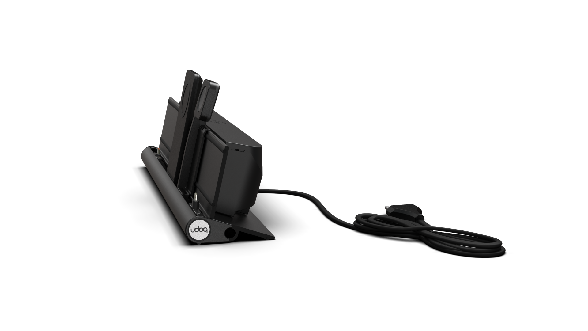udoq 400 PREMIUM WATCH schwarz - 4 fach Ladestation gefräst und eloxiert aus solidem Aluminium. Exklusives Design mit patentierten verschiebbaren Anschlüssen. Lade platzsparend alle iPad, iPhone, AirPods, Apple Watch und Android Geräte mit bis zu 136W.