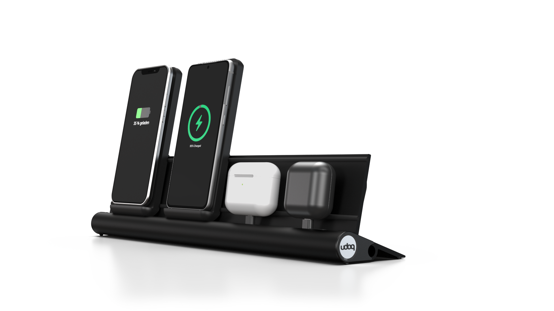 udoq 400 Wireless schwarz - 4 fach Ladestation gefräst und eloxiert aus solidem Aluminium. Exklusives Design mit patentierten verschiebbaren Anschlüssen. Lade platzsparend alle iPad, iPhone, AirPods, Apple Watch und Android Geräte mit bis zu 136W.