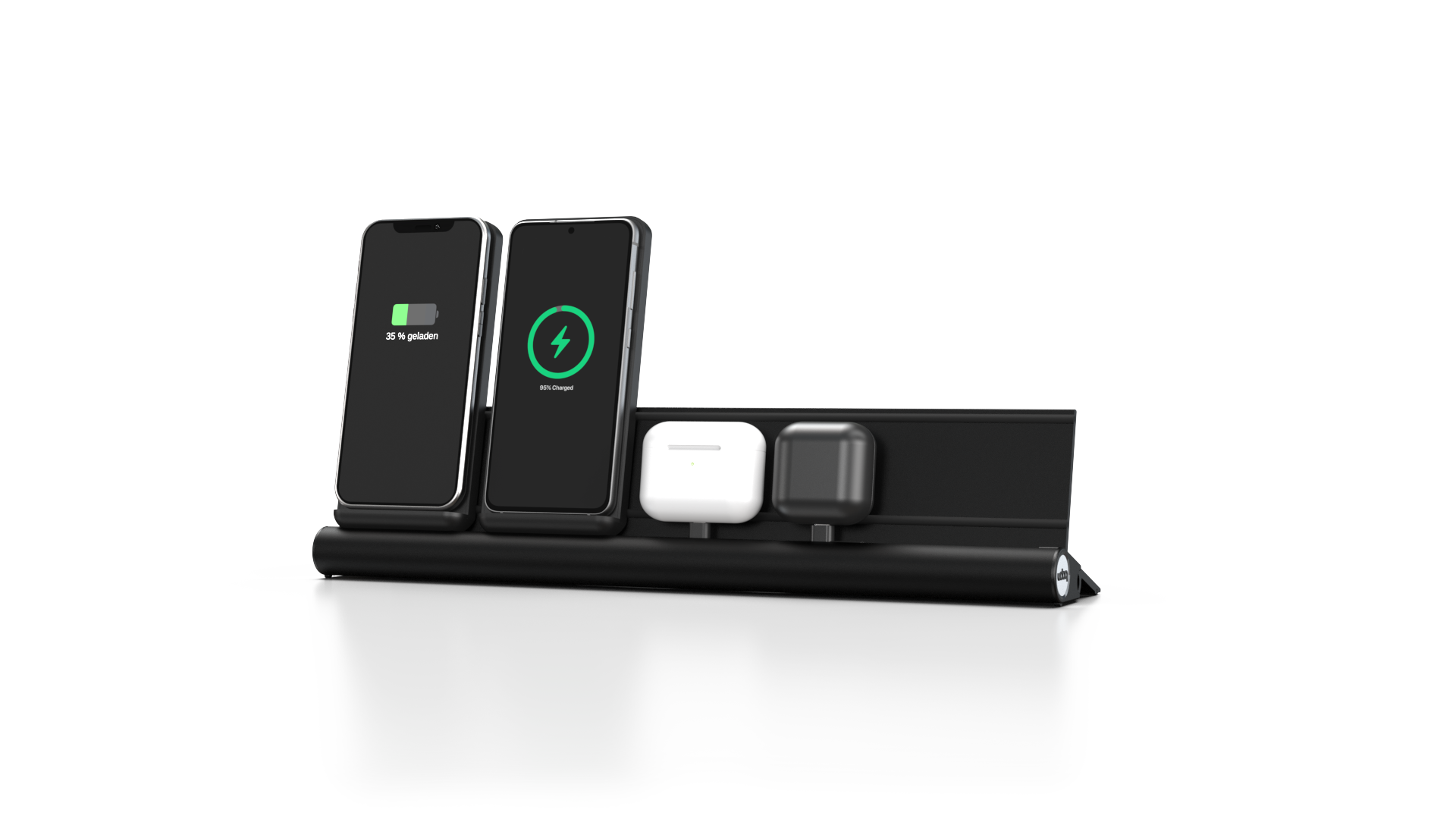 udoq 400 Wireless schwarz - 4 fach Ladestation gefräst und eloxiert aus solidem Aluminium. Exklusives Design mit patentierten verschiebbaren Anschlüssen. Lade platzsparend alle iPad, iPhone, AirPods, Apple Watch und Android Geräte mit bis zu 136W.
