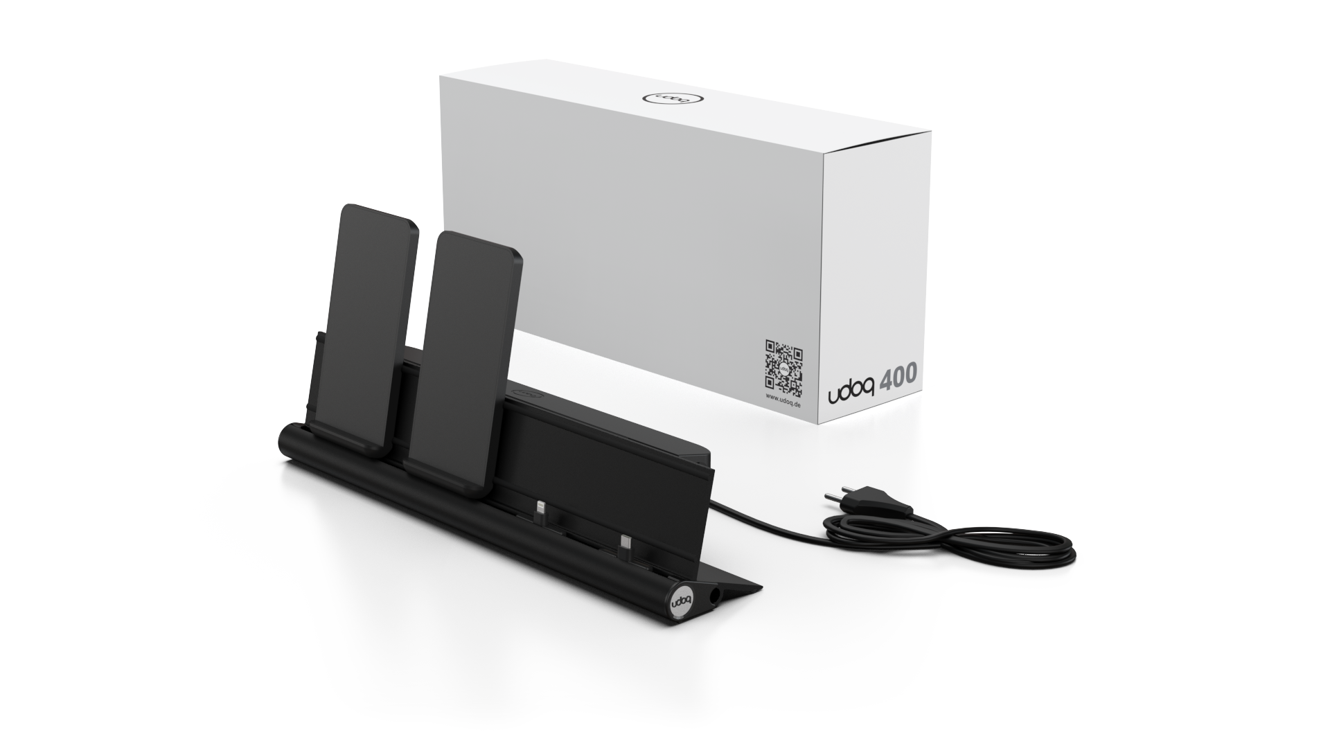 udoq 400 Wireless schwarz - 4 fach Ladestation gefräst und eloxiert aus solidem Aluminium. Exklusives Design mit patentierten verschiebbaren Anschlüssen. Lade platzsparend alle iPad, iPhone, AirPods, Apple Watch und Android Geräte mit bis zu 136W.