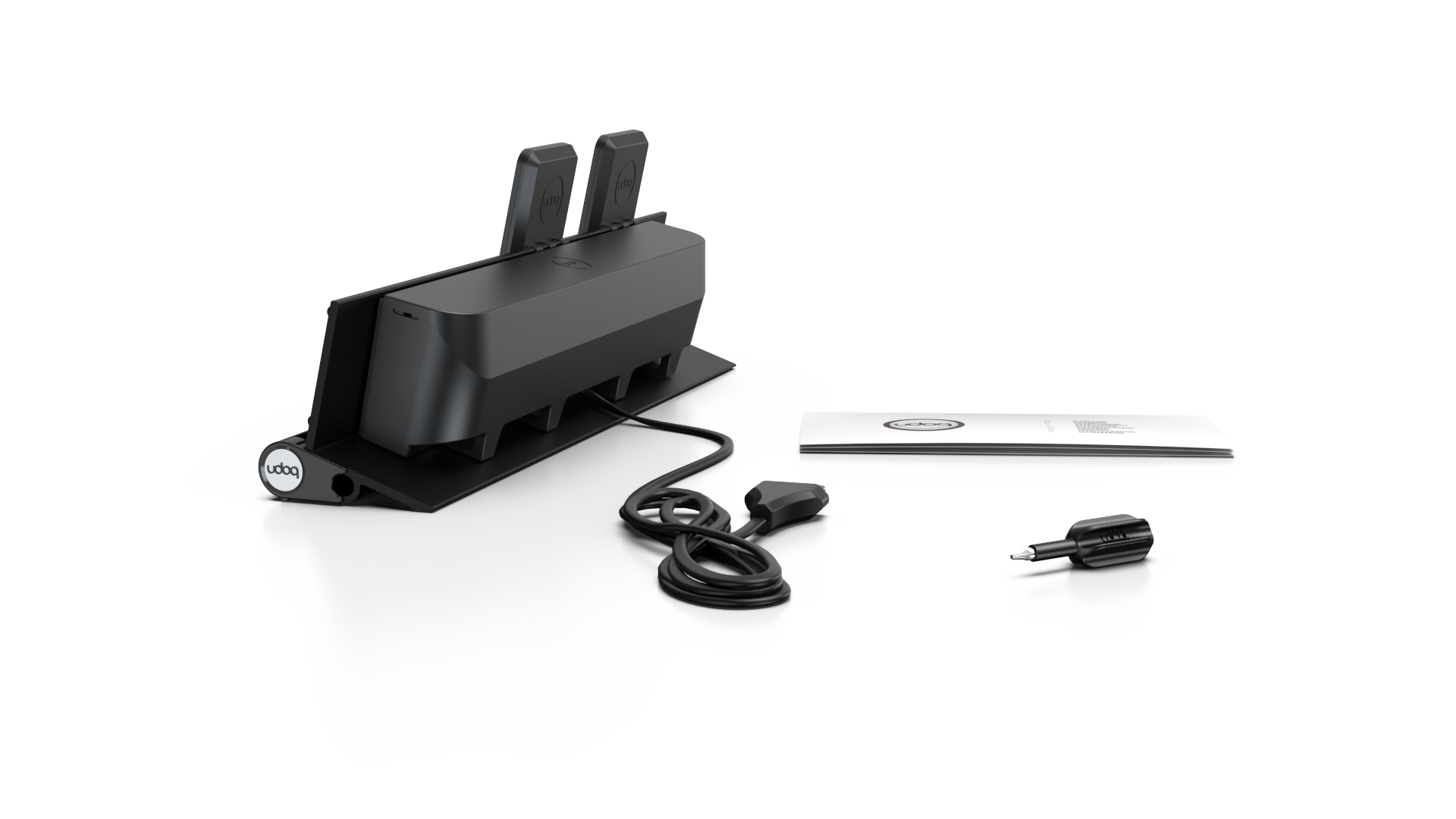 udoq 400 MAGNETIC schwarz - 4 fach Ladestation gefräst und eloxiert aus solidem Aluminium. Exklusives Design mit patentierten verschiebbaren Anschlüssen. Lade platzsparend alle iPad, iPhone, AirPods, Apple Watch und Android Geräte mit bis zu 136W.