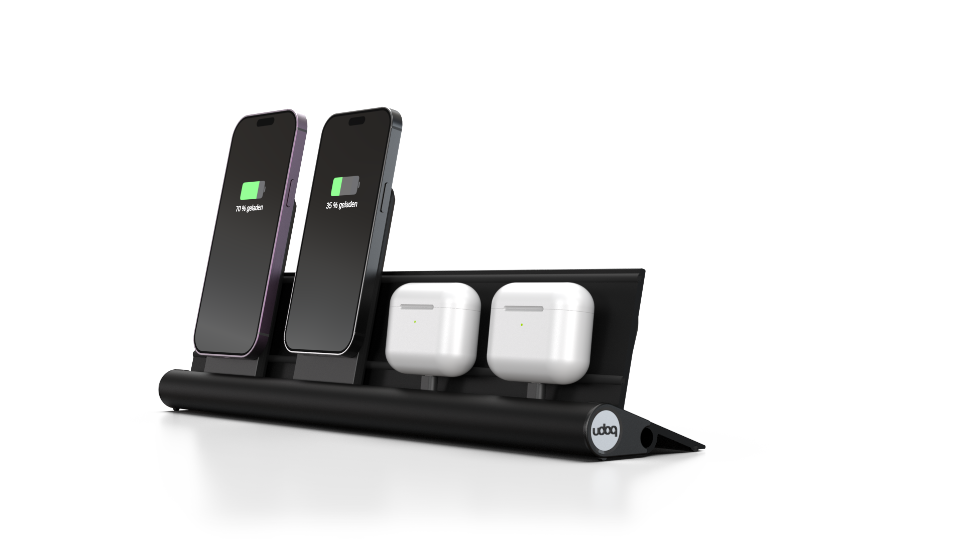 udoq 400 MAGNETIC schwarz - 4 fach Ladestation gefräst und eloxiert aus solidem Aluminium. Exklusives Design mit patentierten verschiebbaren Anschlüssen. Lade platzsparend alle iPad, iPhone, AirPods, Apple Watch und Android Geräte mit bis zu 136W.