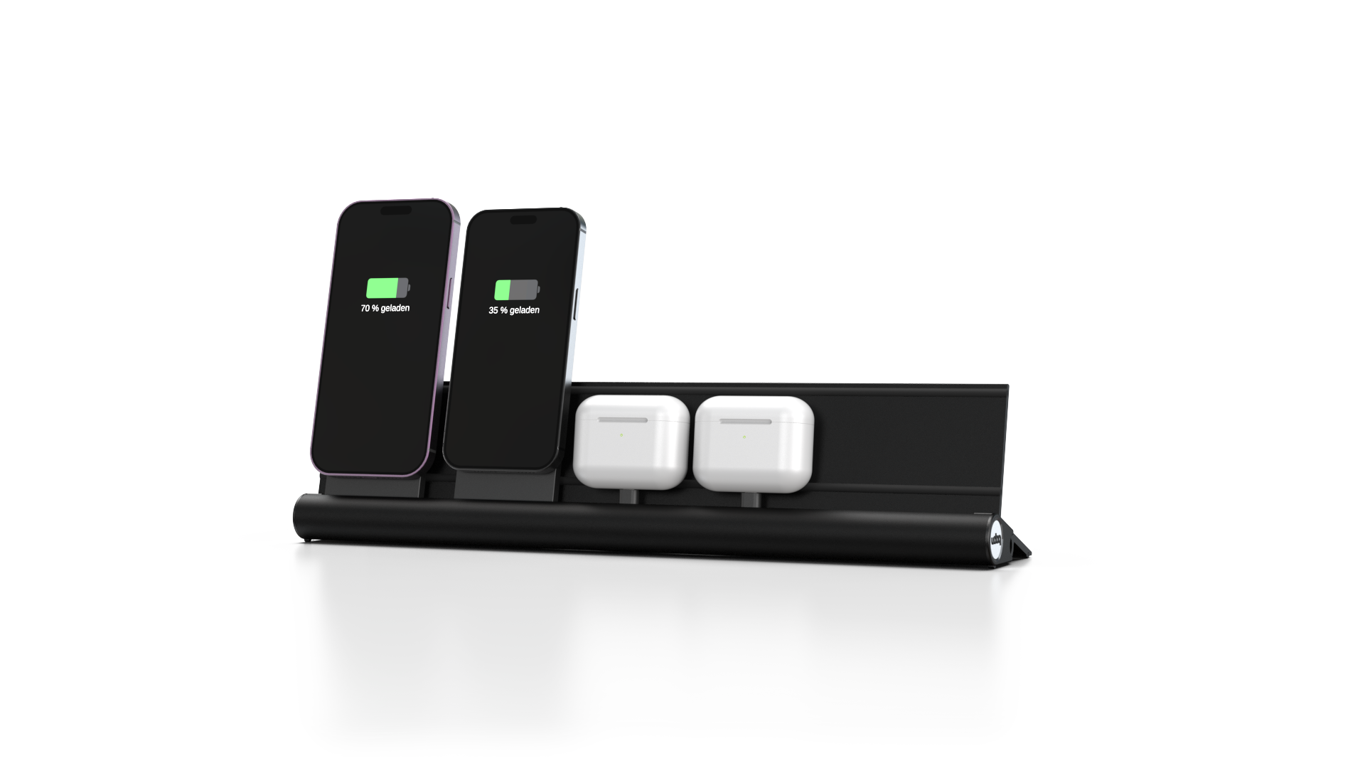 udoq 400 MAGNETIC schwarz - 4 fach Ladestation gefräst und eloxiert aus solidem Aluminium. Exklusives Design mit patentierten verschiebbaren Anschlüssen. Lade platzsparend alle iPad, iPhone, AirPods, Apple Watch und Android Geräte mit bis zu 136W.