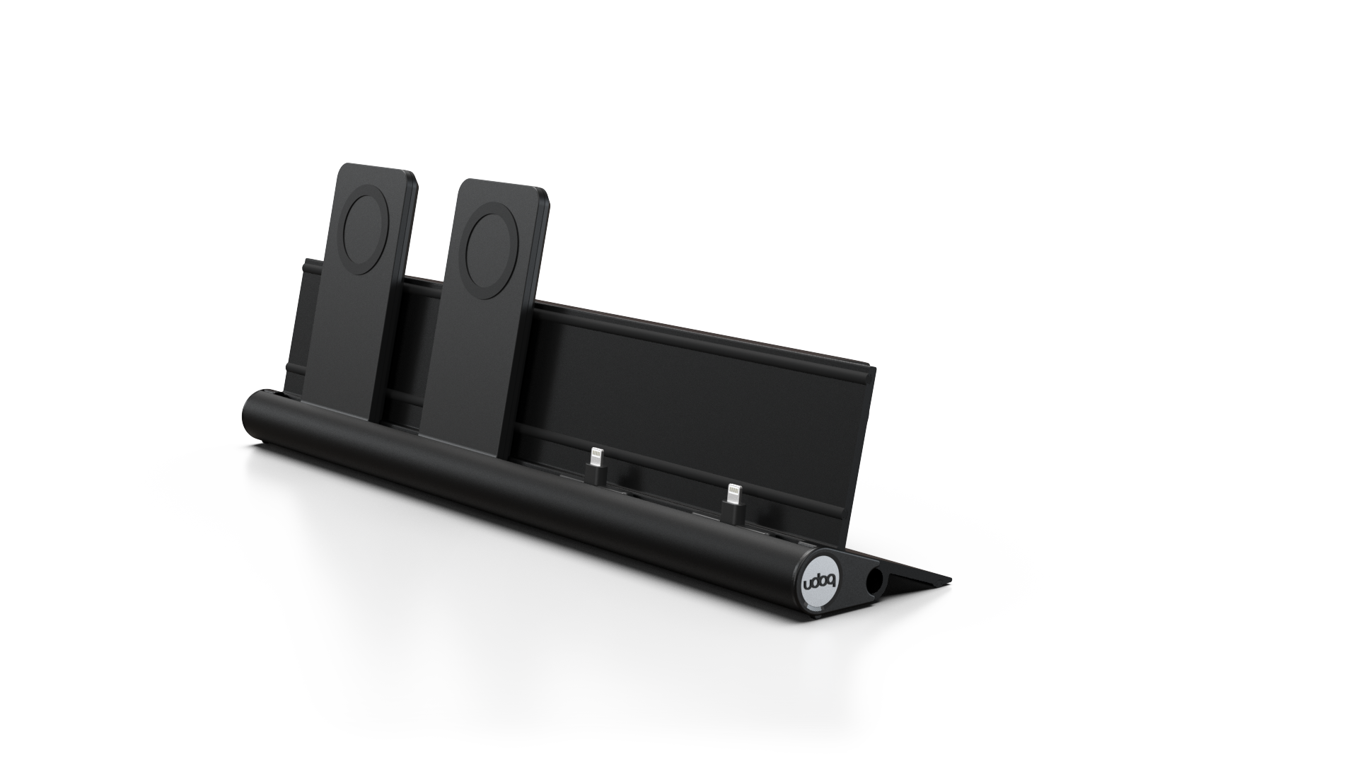 udoq 400 MAGNETIC schwarz - 4 fach Ladestation gefräst und eloxiert aus solidem Aluminium. Exklusives Design mit patentierten verschiebbaren Anschlüssen. Lade platzsparend alle iPad, iPhone, AirPods, Apple Watch und Android Geräte mit bis zu 136W.