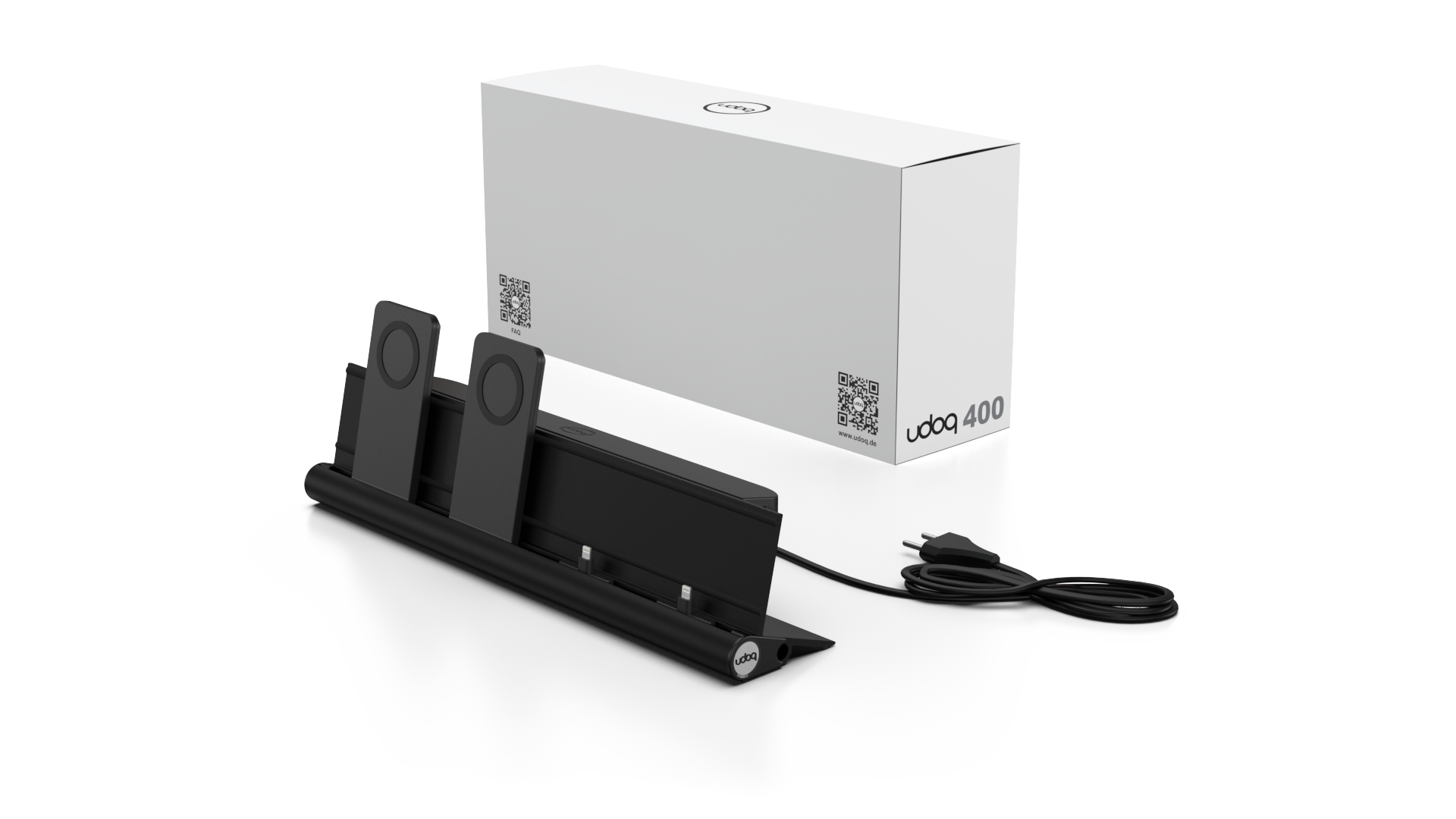 udoq 400 MAGNETIC schwarz - 4 fach Ladestation gefräst und eloxiert aus solidem Aluminium. Exklusives Design mit patentierten verschiebbaren Anschlüssen. Lade platzsparend alle iPad, iPhone, AirPods, Apple Watch und Android Geräte mit bis zu 136W.