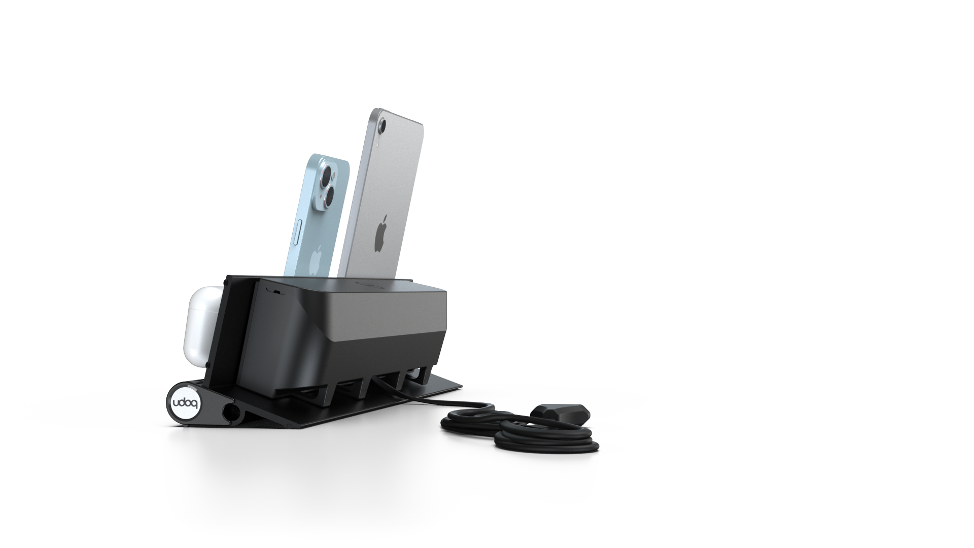 udoq 400 STARTER schwarz - 5 fach Ladestation gefräst und eloxiert aus solidem Aluminium. Exklusives Design mit patentierten verschiebbaren Anschlüssen. Lade platzsparend alle iPad, iPhone, AirPods, Apple Watch und Android Geräte mit bis zu 136W.