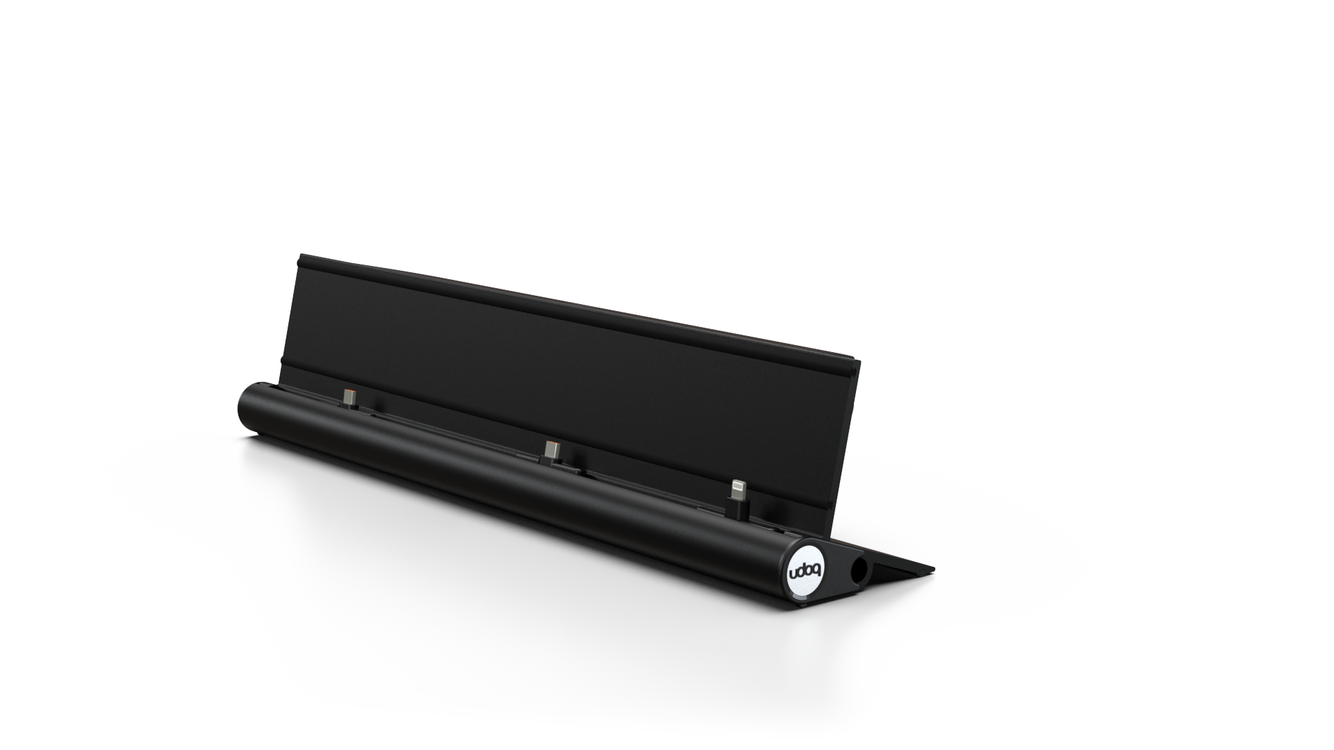 udoq 400 STARTER schwarz - 5 fach Ladestation gefräst und eloxiert aus solidem Aluminium. Exklusives Design mit patentierten verschiebbaren Anschlüssen. Lade platzsparend alle iPad, iPhone, AirPods, Apple Watch und Android Geräte mit bis zu 136W.