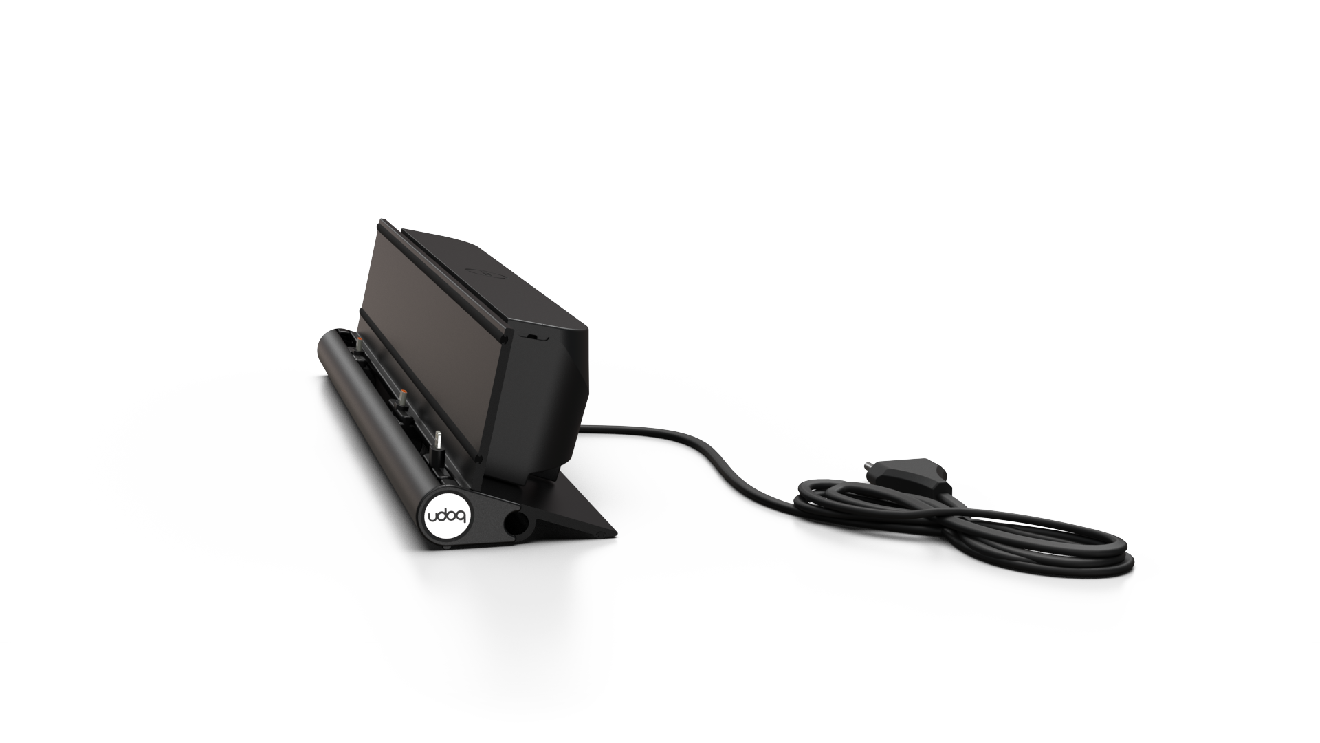 udoq 400 STARTER schwarz - 5 fach Ladestation gefräst und eloxiert aus solidem Aluminium. Exklusives Design mit patentierten verschiebbaren Anschlüssen. Lade platzsparend alle iPad, iPhone, AirPods, Apple Watch und Android Geräte mit bis zu 136W.