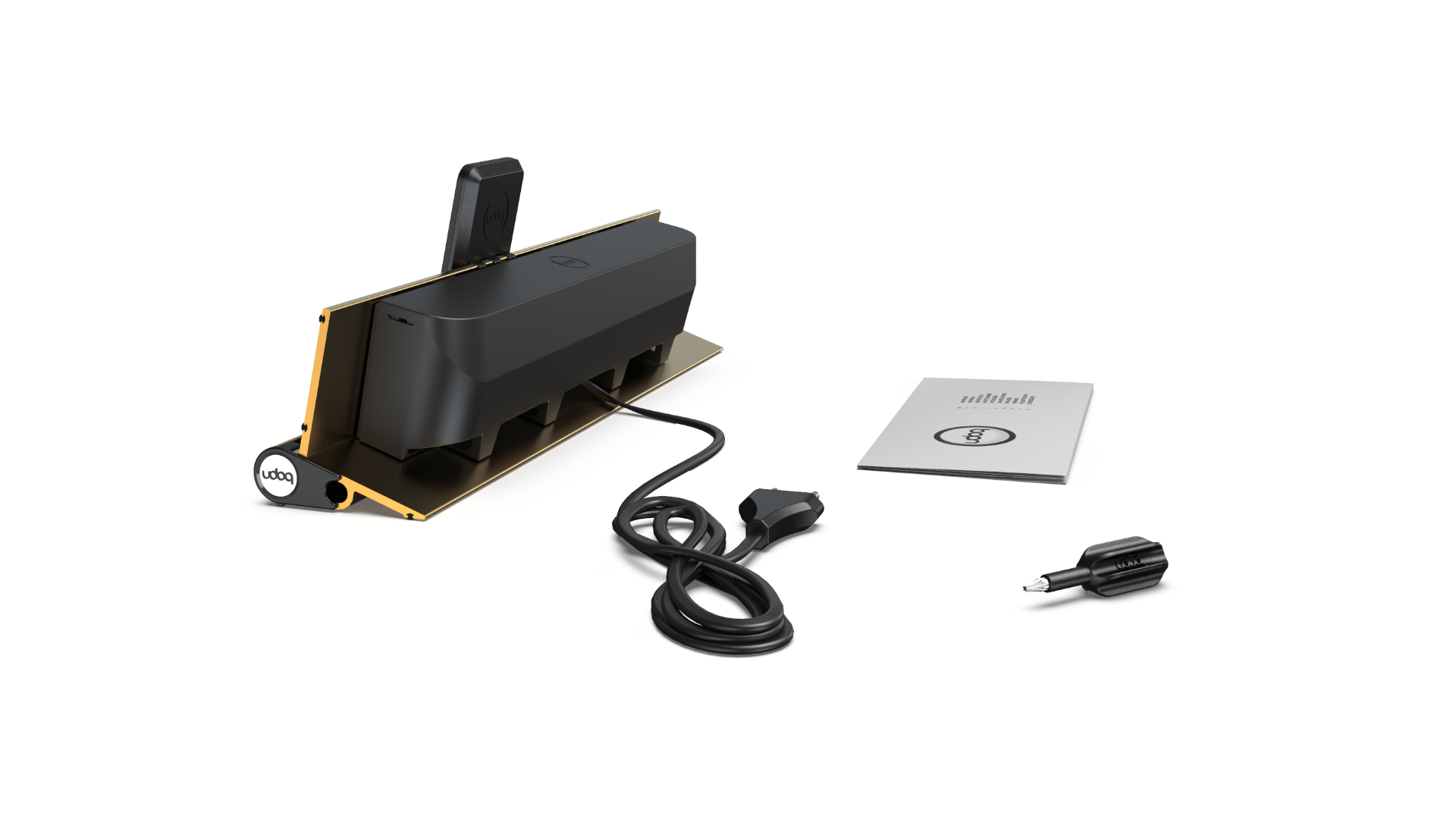 udoq 400 PREMIUM gold - 4 fach Ladestation gefräst und eloxiert aus solidem Aluminium. Exklusives Design mit patentierten verschiebbaren Anschlüssen. Lade platzsparend alle iPad, iPhone, AirPods, Apple Watch und Android Geräte mit bis zu 136W.