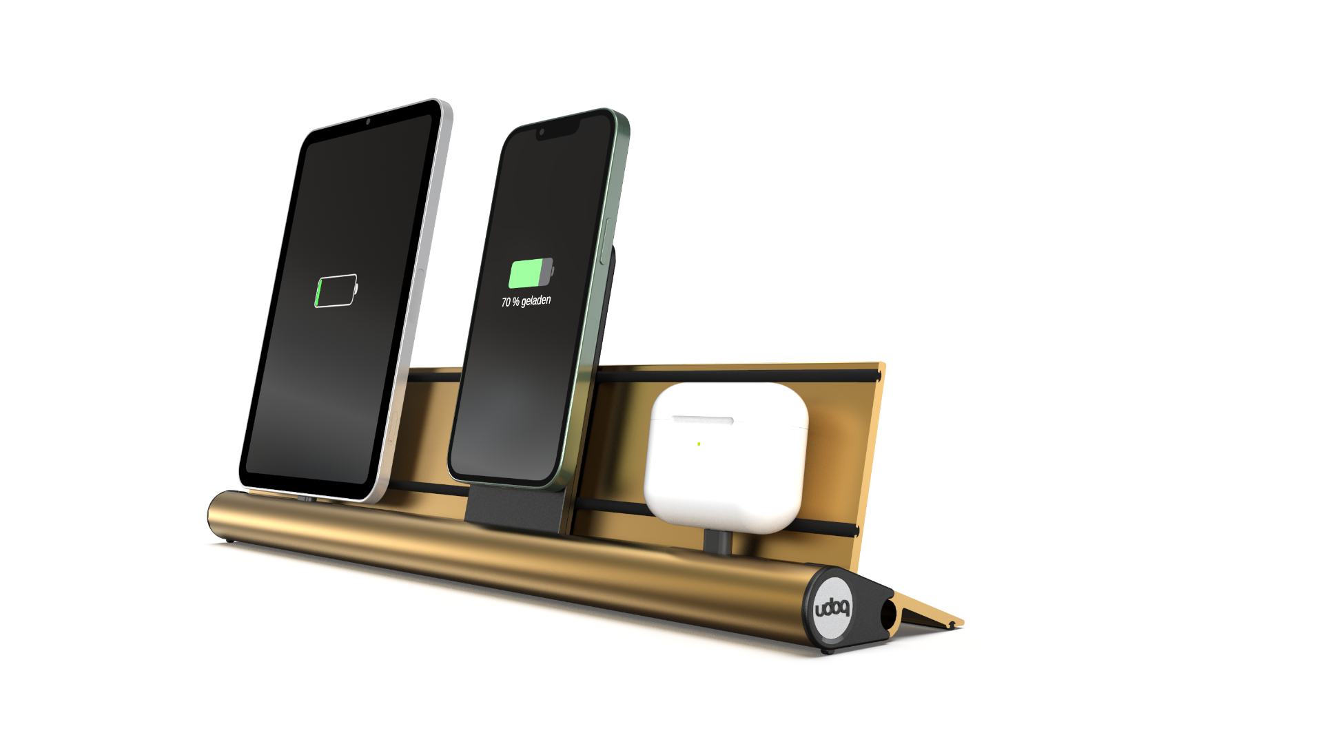 udoq 400 PREMIUM gold - 4 fach Ladestation gefräst und eloxiert aus solidem Aluminium. Exklusives Design mit patentierten verschiebbaren Anschlüssen. Lade platzsparend alle iPad, iPhone, AirPods, Apple Watch und Android Geräte mit bis zu 136W.