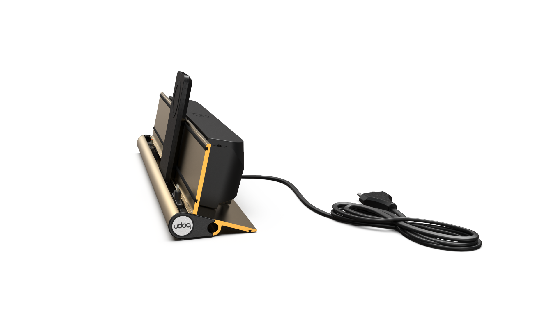 udoq 400 PREMIUM gold - 4 fach Ladestation gefräst und eloxiert aus solidem Aluminium. Exklusives Design mit patentierten verschiebbaren Anschlüssen. Lade platzsparend alle iPad, iPhone, AirPods, Apple Watch und Android Geräte mit bis zu 136W.