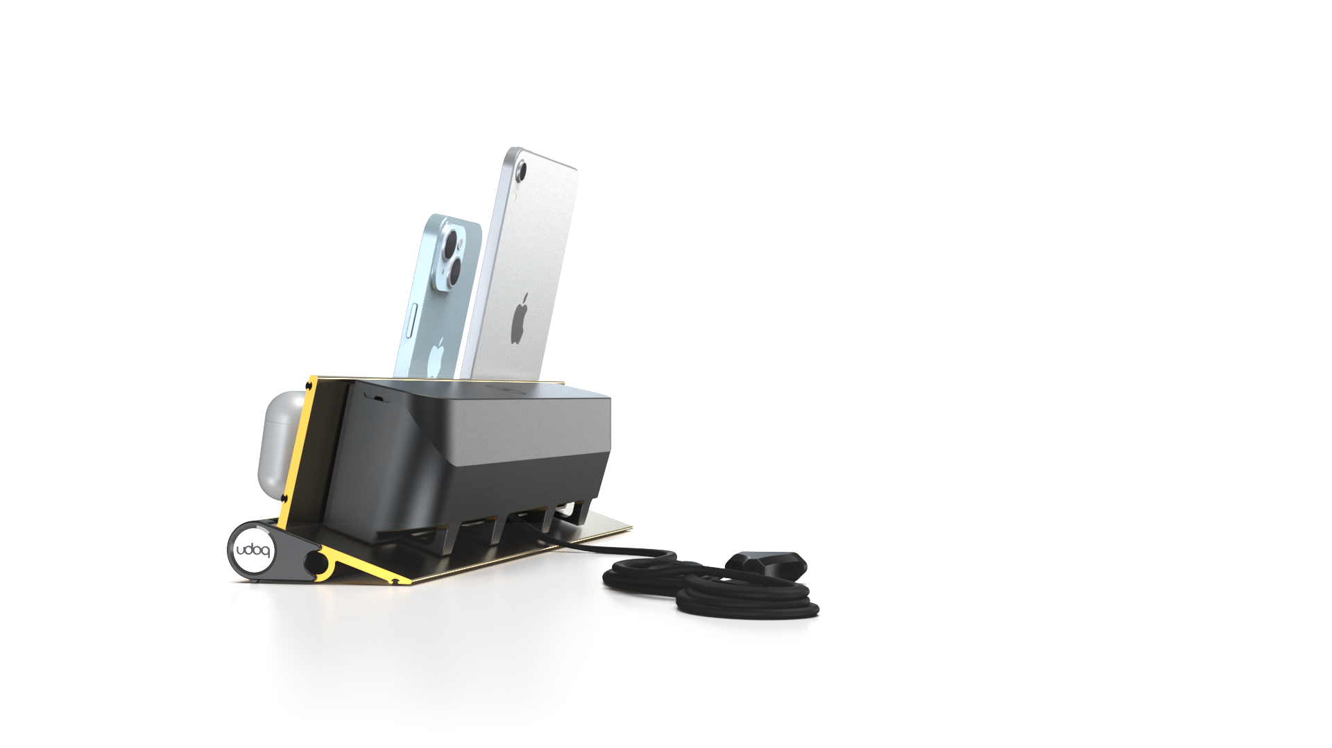 udoq 400 STARTER gold - 5 fach Ladestation gefräst und eloxiert aus solidem Aluminium. Exklusives Design mit patentierten verschiebbaren Anschlüssen. Lade platzsparend alle iPad, iPhone, AirPods, Apple Watch und Android Geräte mit bis zu 136W.