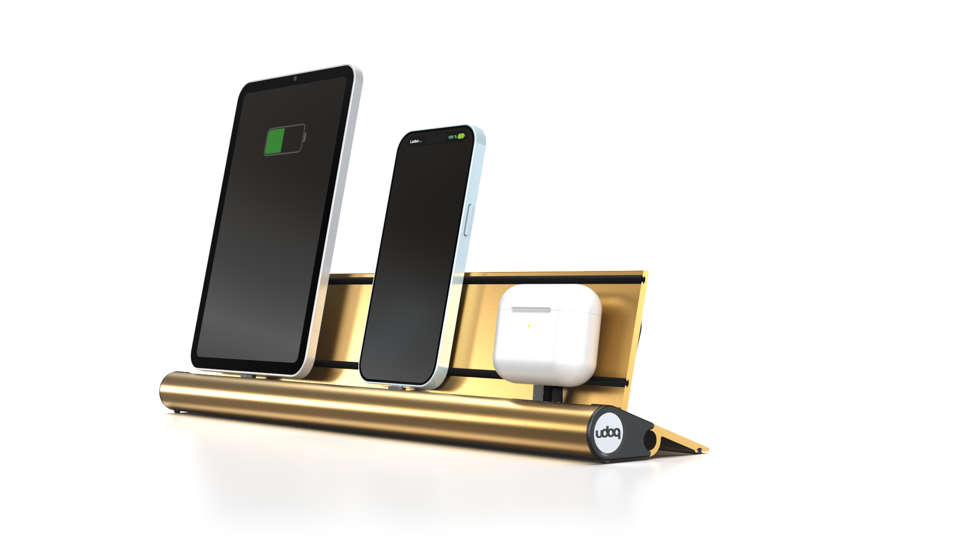 udoq 400 STARTER gold - 5 fach Ladestation gefräst und eloxiert aus solidem Aluminium. Exklusives Design mit patentierten verschiebbaren Anschlüssen. Lade platzsparend alle iPad, iPhone, AirPods, Apple Watch und Android Geräte mit bis zu 136W.