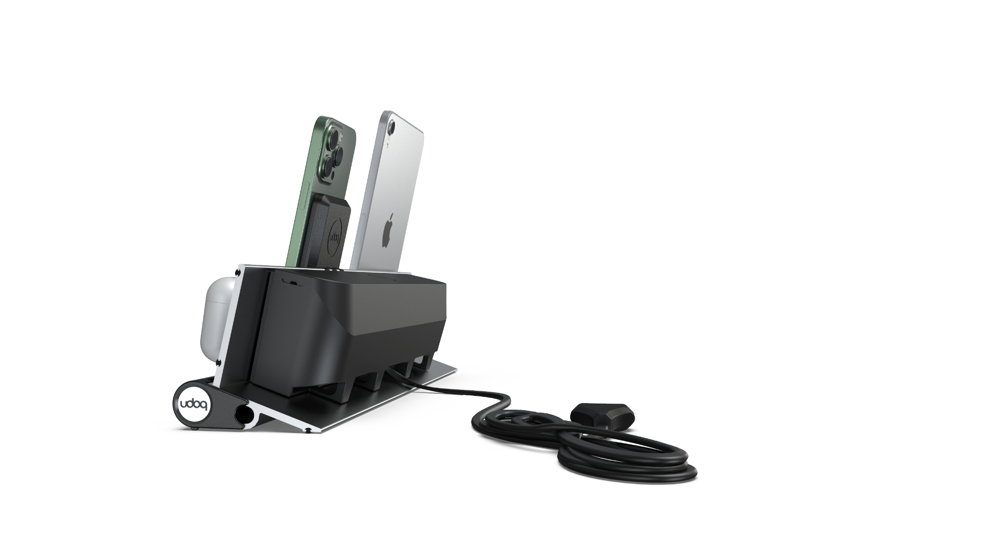 udoq 400 PREMIUM silber - 4 fach Ladestation gefräst und eloxiert aus solidem Aluminium. Exklusives Design mit patentierten verschiebbaren Anschlüssen. Lade platzsparend alle iPad, iPhone, AirPods, Apple Watch und Android Geräte mit bis zu 136W.