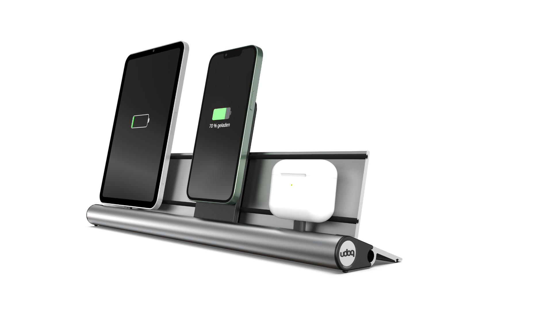 udoq 400 PREMIUM silber - 4 fach Ladestation gefräst und eloxiert aus solidem Aluminium. Exklusives Design mit patentierten verschiebbaren Anschlüssen. Lade platzsparend alle iPad, iPhone, AirPods, Apple Watch und Android Geräte mit bis zu 136W.