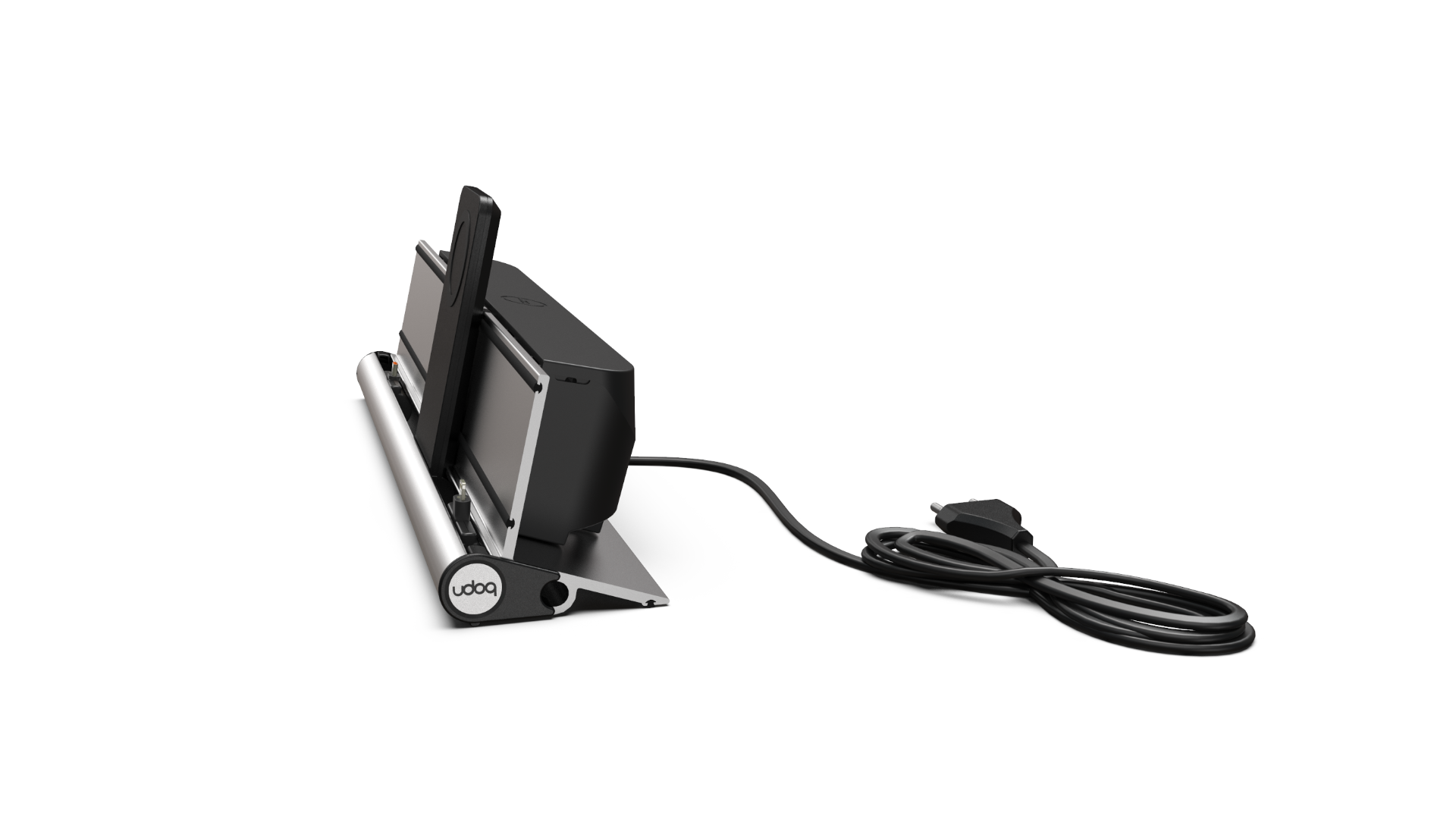 udoq 400 PREMIUM silber - 4 fach Ladestation gefräst und eloxiert aus solidem Aluminium. Exklusives Design mit patentierten verschiebbaren Anschlüssen. Lade platzsparend alle iPad, iPhone, AirPods, Apple Watch und Android Geräte mit bis zu 136W.