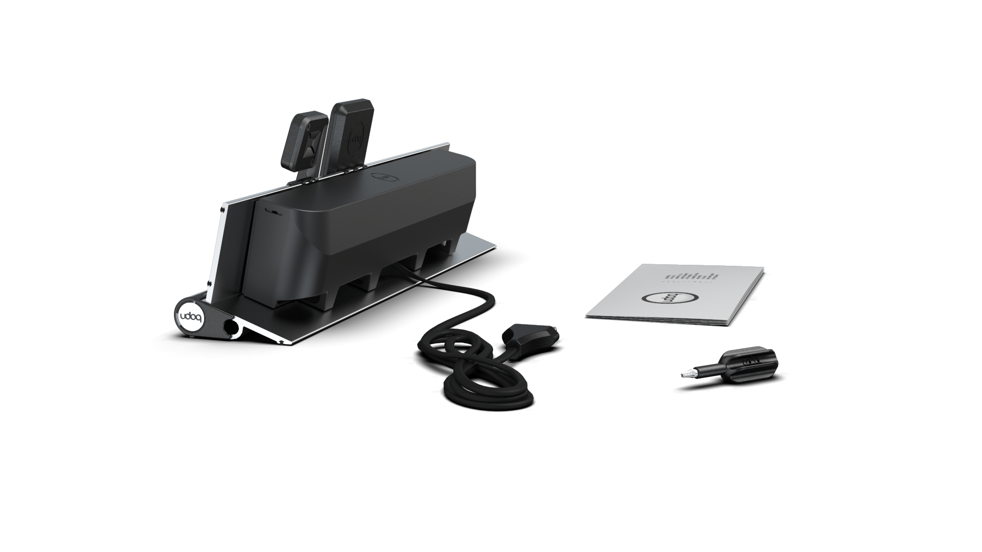 udoq 400 PREMIUM WATCH silber - 4 fach Ladestation gefräst und eloxiert aus solidem Aluminium. Exklusives Design mit patentierten verschiebbaren Anschlüssen. Lade platzsparend alle iPad, iPhone, AirPods, Apple Watch und Android Geräte mit bis zu 136W.